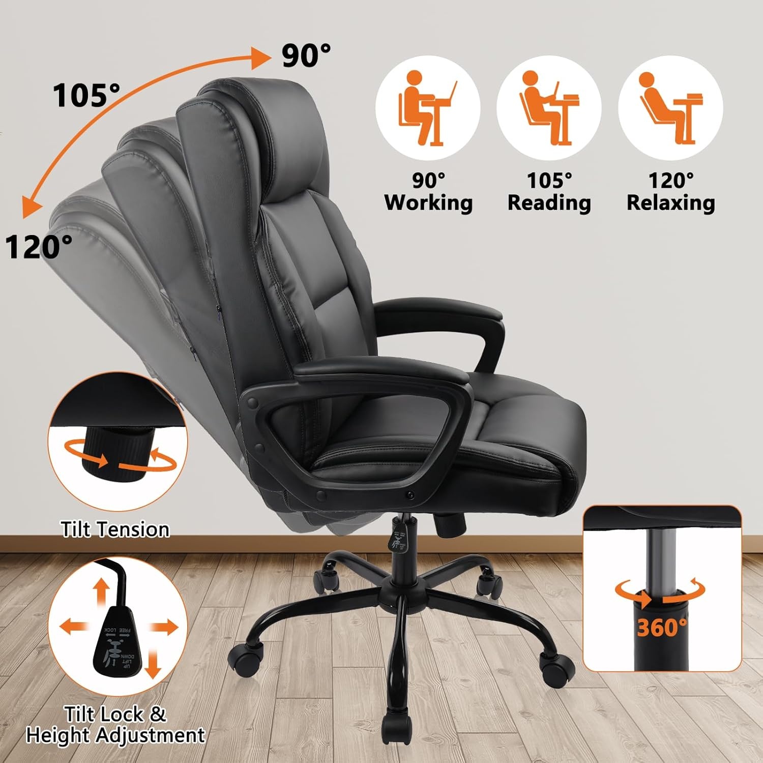 image:imageCLATINA Executive Office Chair Big and Tall Leather Ergonomic Desk Chair with Lumbar Support and Padded Armrestes Adjustable Heigh Swivel Computer Task Chair with Rocking FunctionBlack 450 LBS