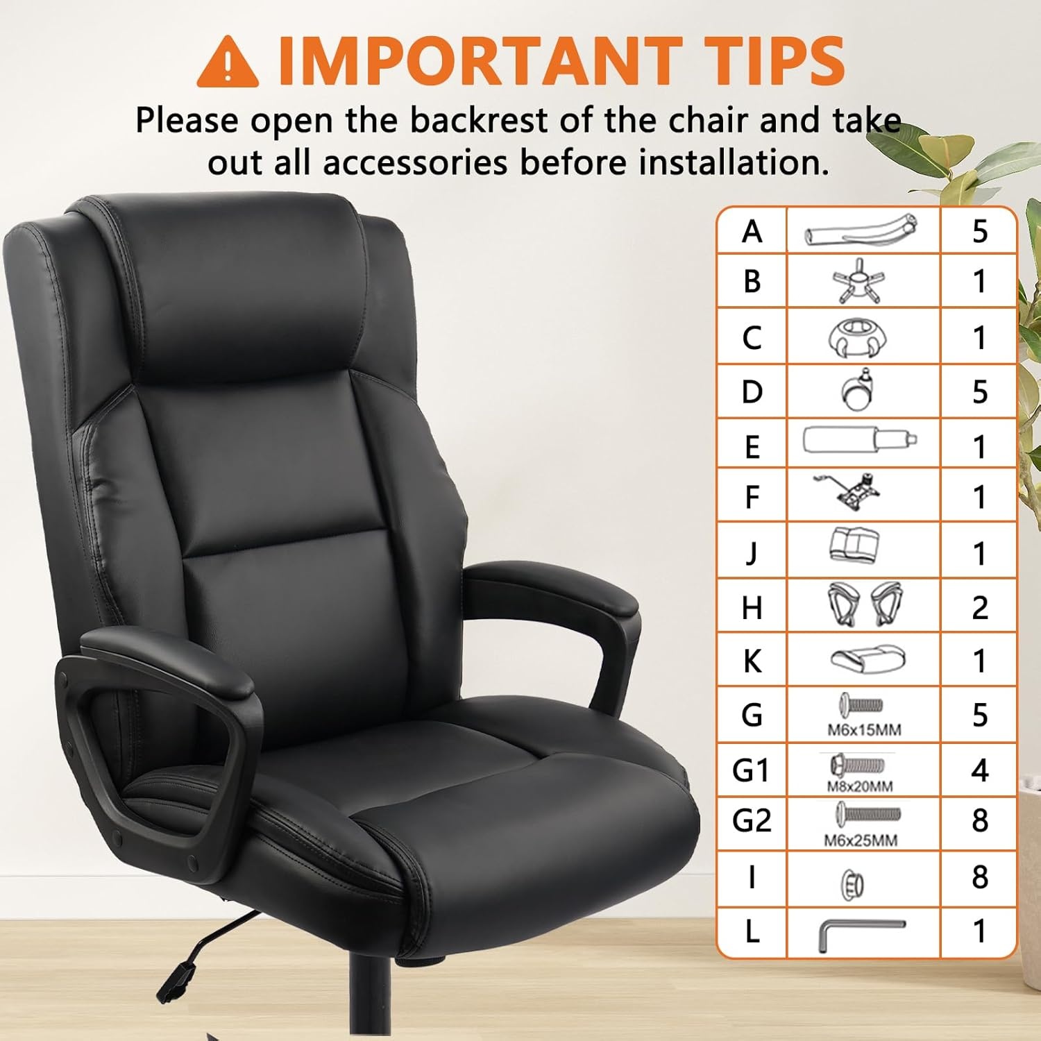 image:imageCLATINA Executive Office Chair Big and Tall Leather Ergonomic Desk Chair with Lumbar Support and Padded Armrestes Adjustable Heigh Swivel Computer Task Chair with Rocking FunctionBlack 450 LBS