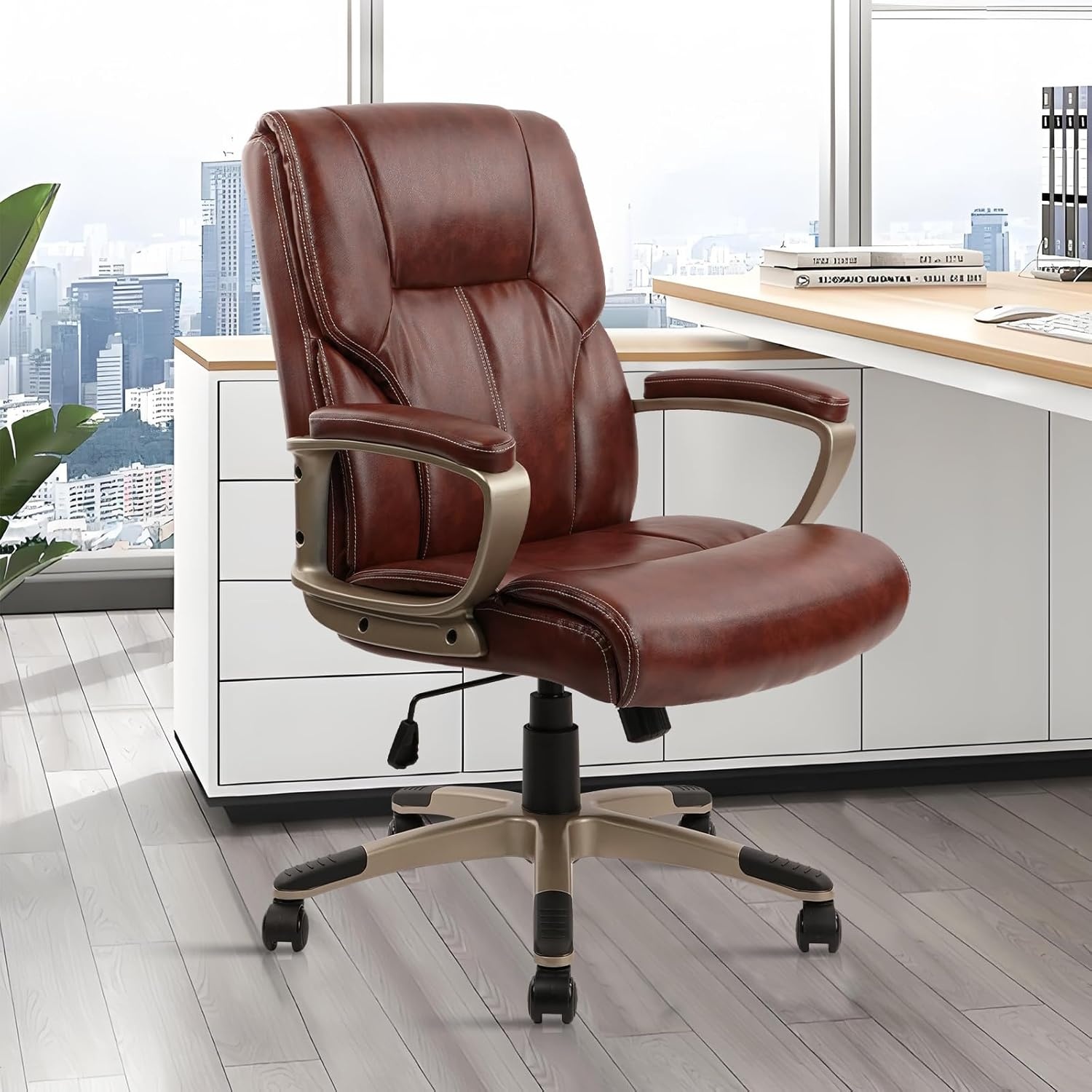image:imageCLATINA Executive Office Chair with High Back Brown PU Leather Chairs with Wheels and Arms Managerial Chairs with Soft Padded Armrest Lumbar Support Swivel Rolling Computer Desk Chair 400 LBS