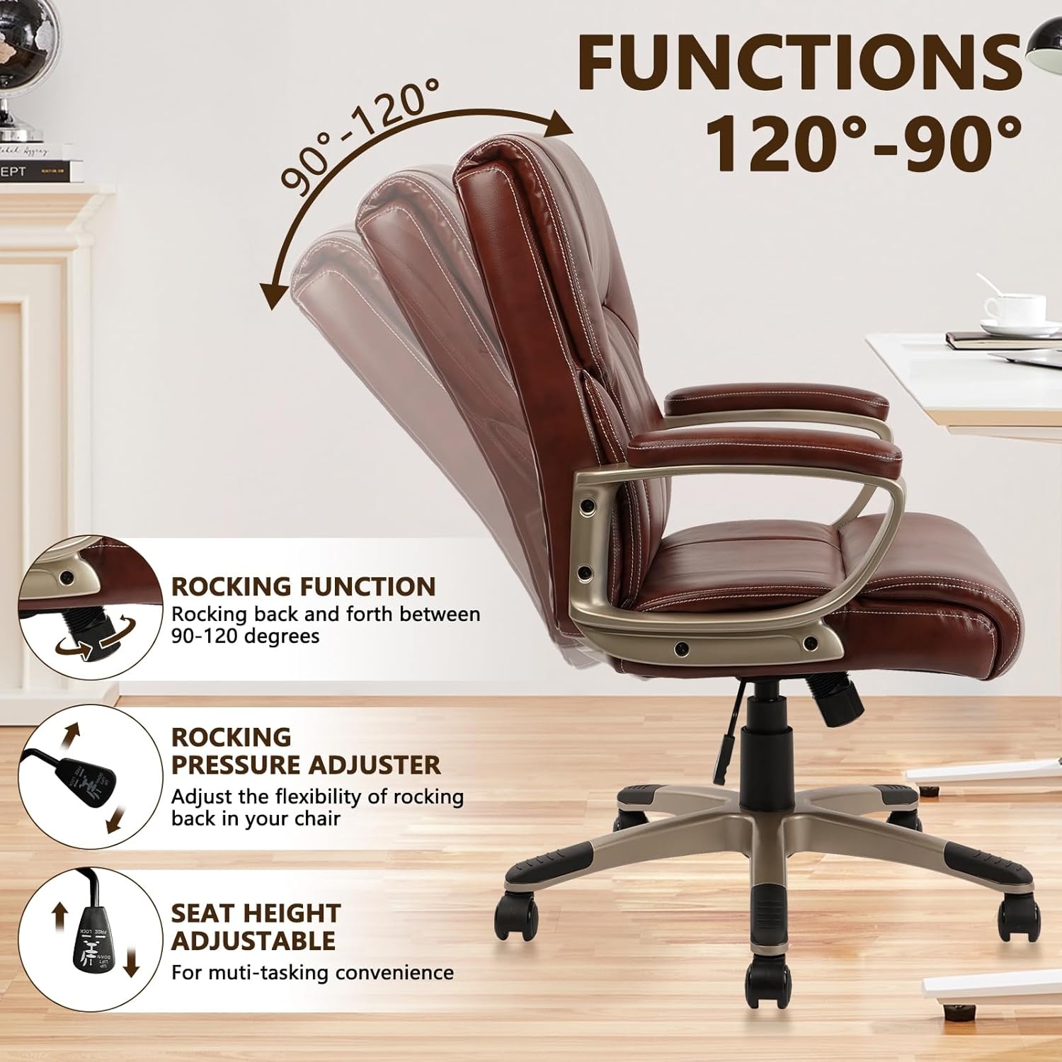 image:imageCLATINA Executive Office Chair with High Back Brown PU Leather Chairs with Wheels and Arms Managerial Chairs with Soft Padded Armrest Lumbar Support Swivel Rolling Computer Desk Chair 400 LBS