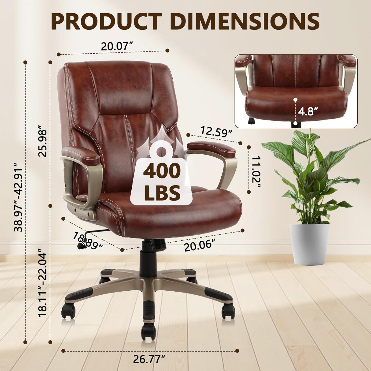 image:imageCLATINA Executive Office Chair with High Back Brown PU Leather Chairs with Wheels and Arms Managerial Chairs with Soft Padded Armrest Lumbar Support Swivel Rolling Computer Desk Chair 400 LBS