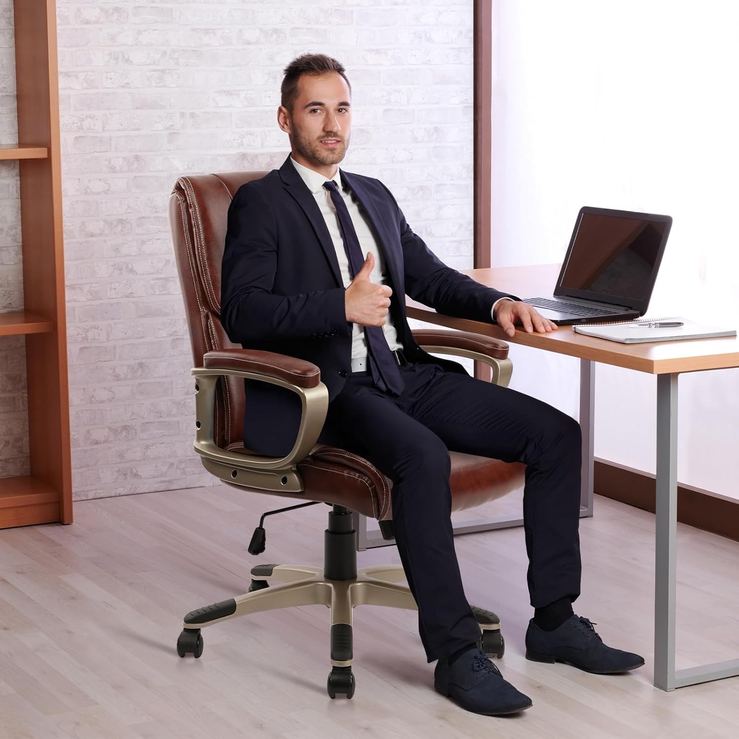 image:imageCLATINA Executive Office Chair with High Back Brown PU Leather Chairs with Wheels and Arms Managerial Chairs with Soft Padded Armrest Lumbar Support Swivel Rolling Computer Desk Chair 400 LBS