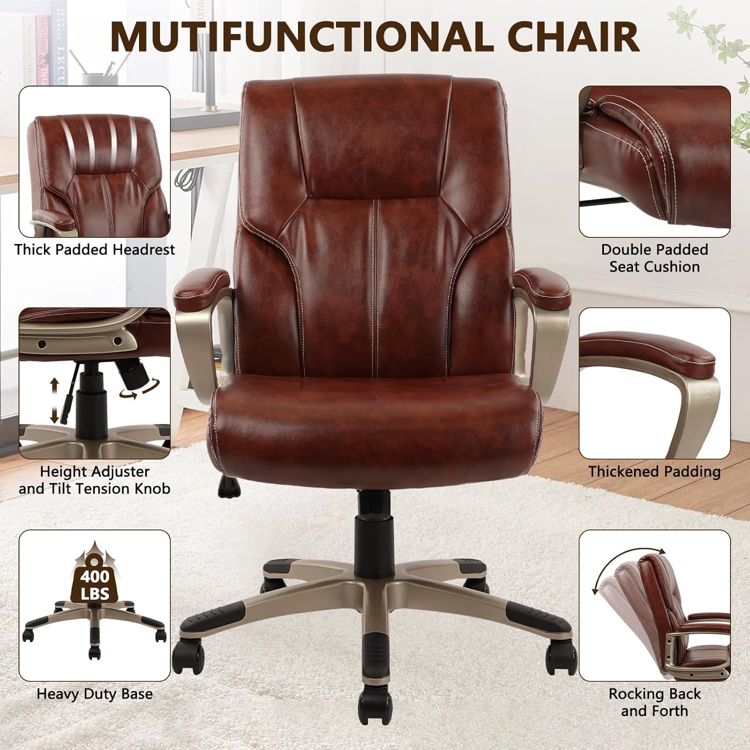 image:imageCLATINA Executive Office Chair with High Back Brown PU Leather Chairs with Wheels and Arms Managerial Chairs with Soft Padded Armrest Lumbar Support Swivel Rolling Computer Desk Chair 400 LBS