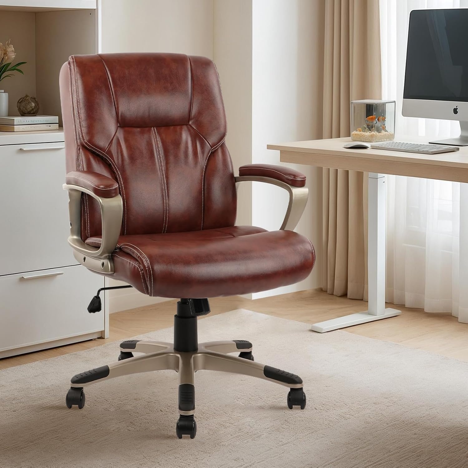 image:imageCLATINA Executive Office Chair with High Back Brown PU Leather Chairs with Wheels and Arms Managerial Chairs with Soft Padded Lumbar Support Swivel Rolling Computer Desk Chair 400 LBS Set of 2