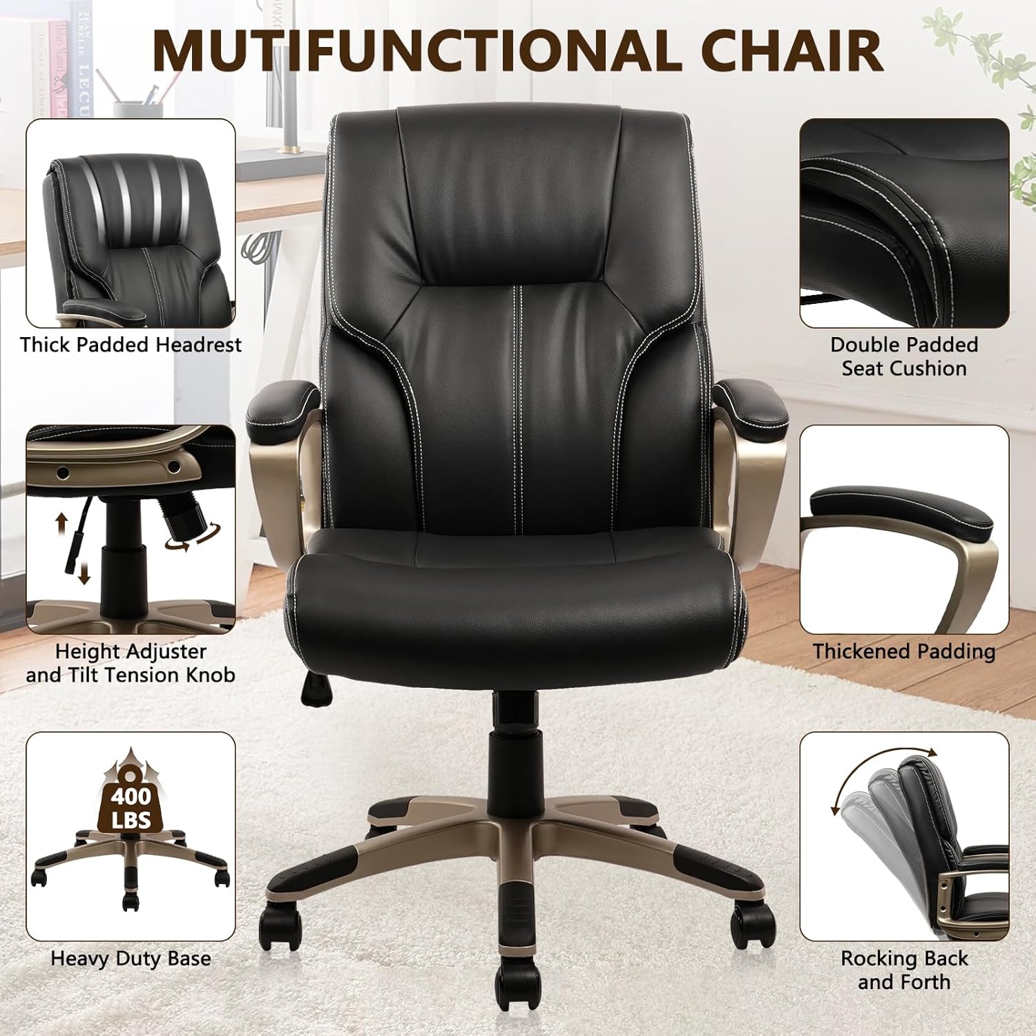image:imageCLATINA Executive Office Chair with High Back PU Leather Chairs with Wheels and Arms Managerial Chairs with Soft Padded Armrest Lumbar Support Swivel Rolling Computer Desk Chair 400 LBS Set of 2