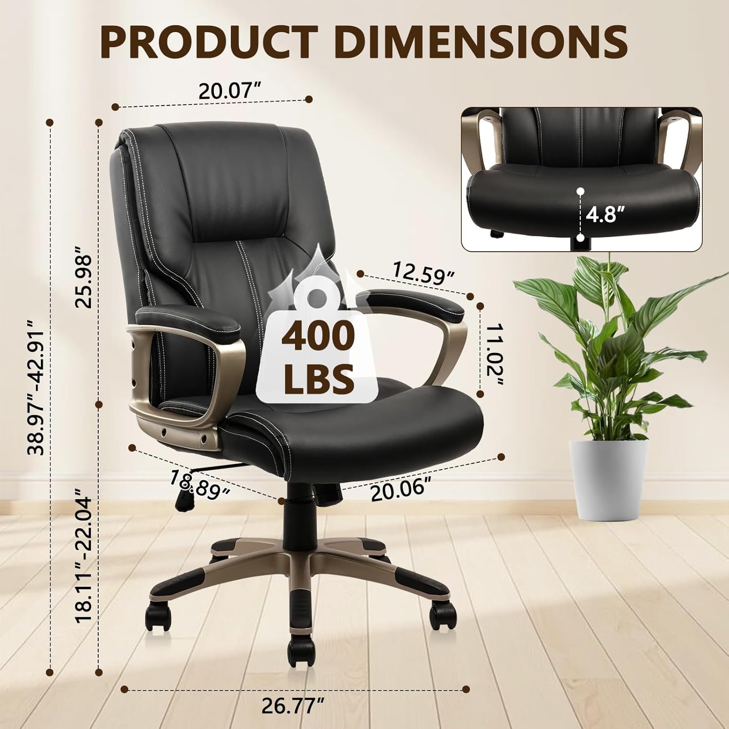 image:imageCLATINA Executive Office Chair with High Back PU Leather Chairs with Wheels and Arms Managerial Chairs with Soft Padded Armrest Lumbar Support Swivel Rolling Computer Desk Chair 400 LBS Set of 2