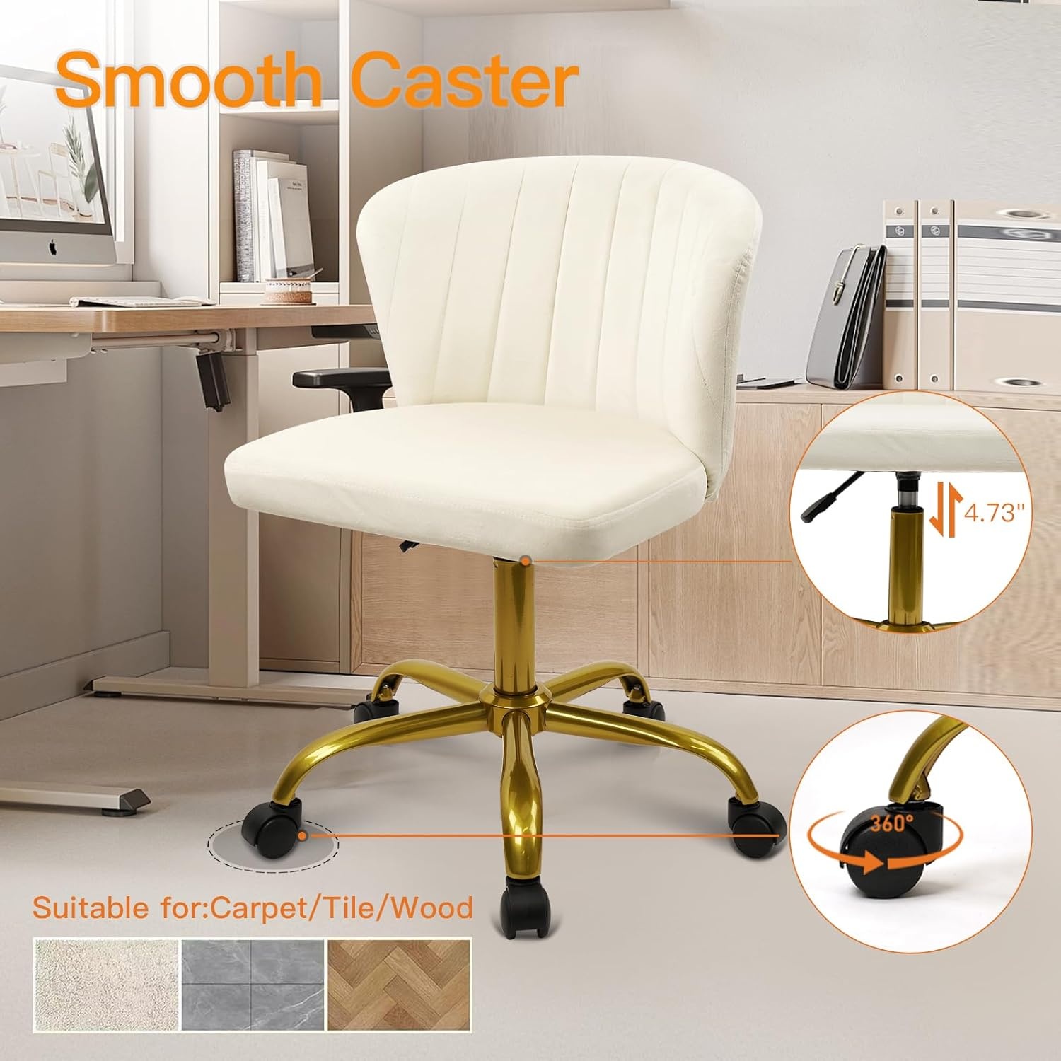 image:imageCLATINA Home Office Desk Chair Velvet Vanity Chairs Gold Base Ergonomic Small Cute Chair Adjustable Height with Wheels Rolling Armless Chair Swivel Task Chair for Study Living Room Bedroom White4