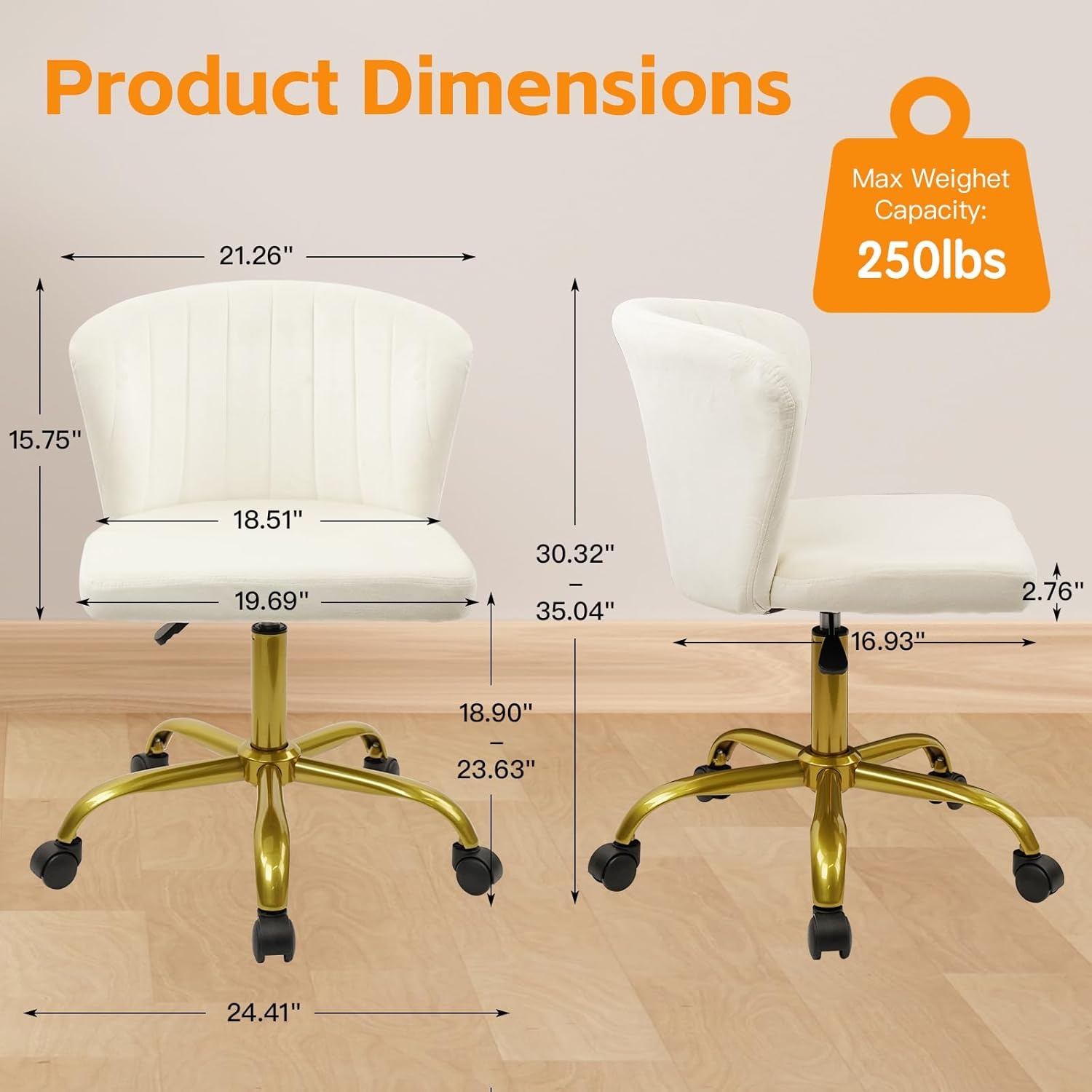image:imageCLATINA Home Office Desk Chair Velvet Vanity Chairs Gold Base Ergonomic Small Cute Chair Adjustable Height with Wheels Rolling Armless Chair Swivel Task Chair for Study Living Room Bedroom White2