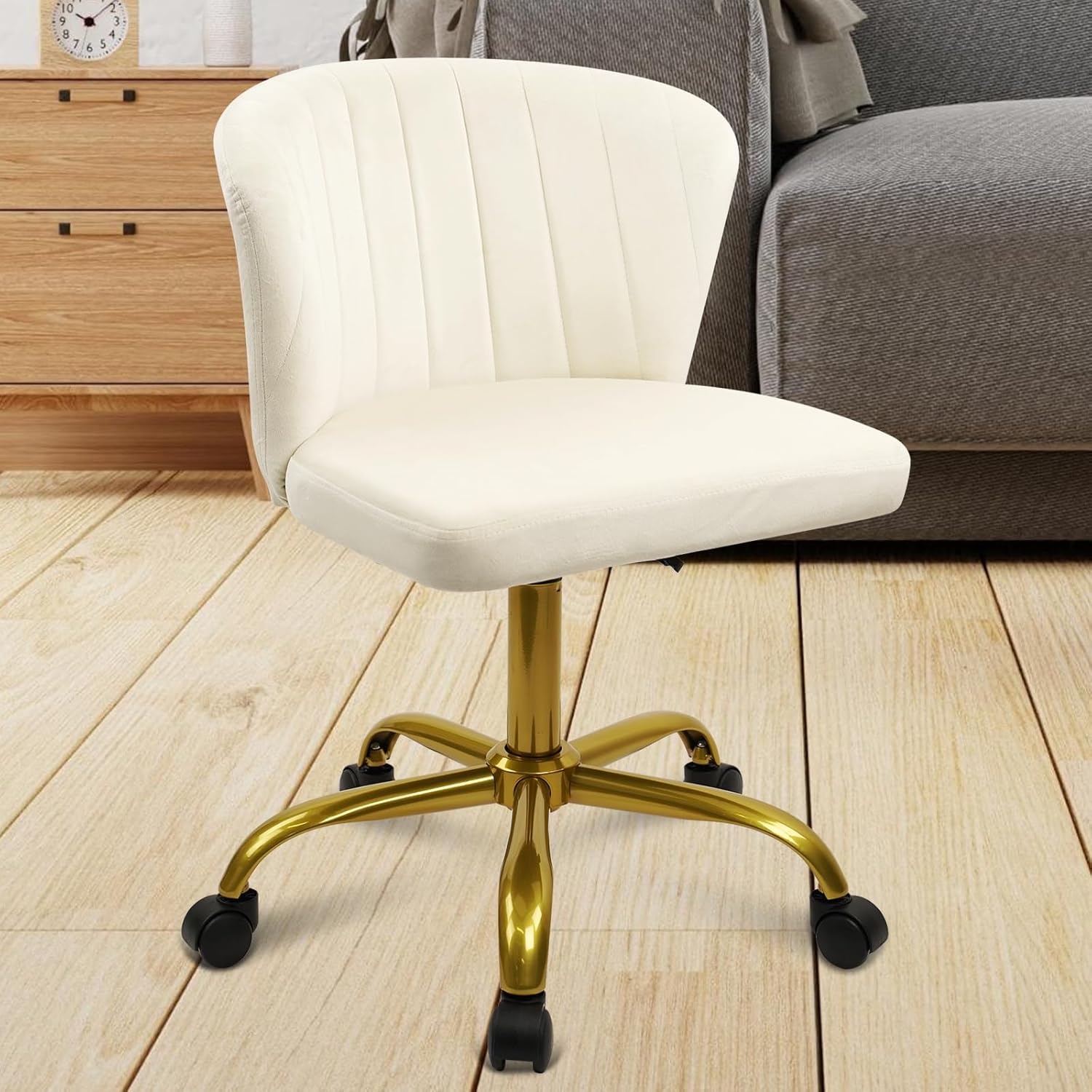 image:imageCLATINA Home Office Desk Chair Velvet Vanity Chairs Gold Base Ergonomic Small Cute Chair Adjustable Height with Wheels Rolling Armless Chair Swivel Task Chair for Study Living Room Bedroom White2