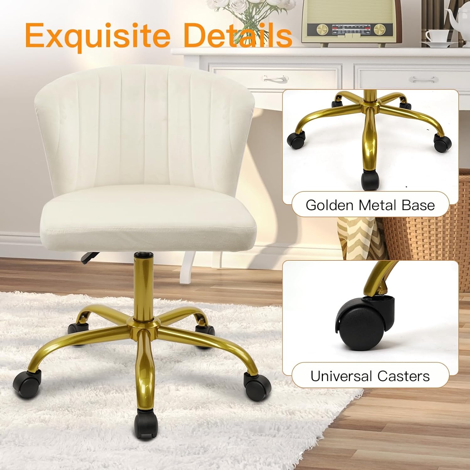 image:imageCLATINA Home Office Desk Chair Velvet Vanity Chairs Gold Base Ergonomic Small Cute Chair Adjustable Height with Wheels Rolling Armless Chair Swivel Task Chair for Study Living Room Bedroom White4