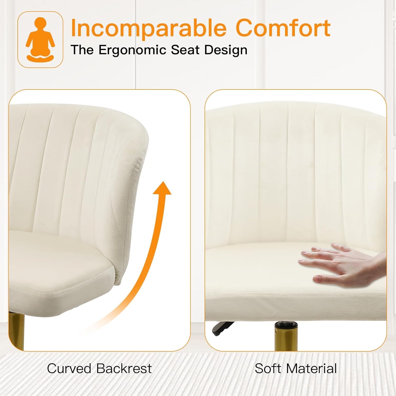 image:imageCLATINA Home Office Desk Chair Velvet Vanity Chairs Gold Base Ergonomic Small Cute Chair Adjustable Height with Wheels Rolling Armless Chair Swivel Task Chair for Study Living Room Bedroom White4