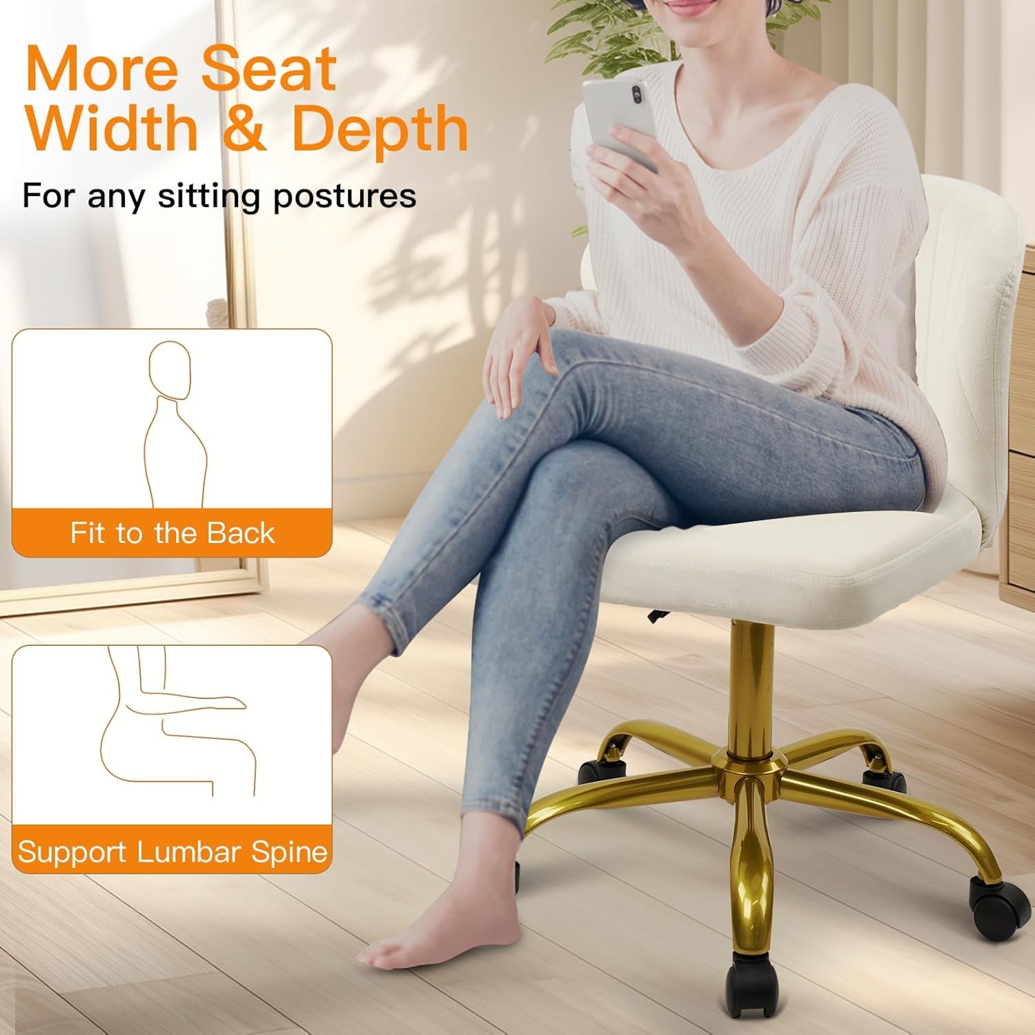 image:imageCLATINA Home Office Desk Chair Velvet Vanity Chairs Gold Base Ergonomic Small Cute Chair Adjustable Height with Wheels Rolling Armless Chair Swivel Task Chair for Study Living Room Bedroom White4