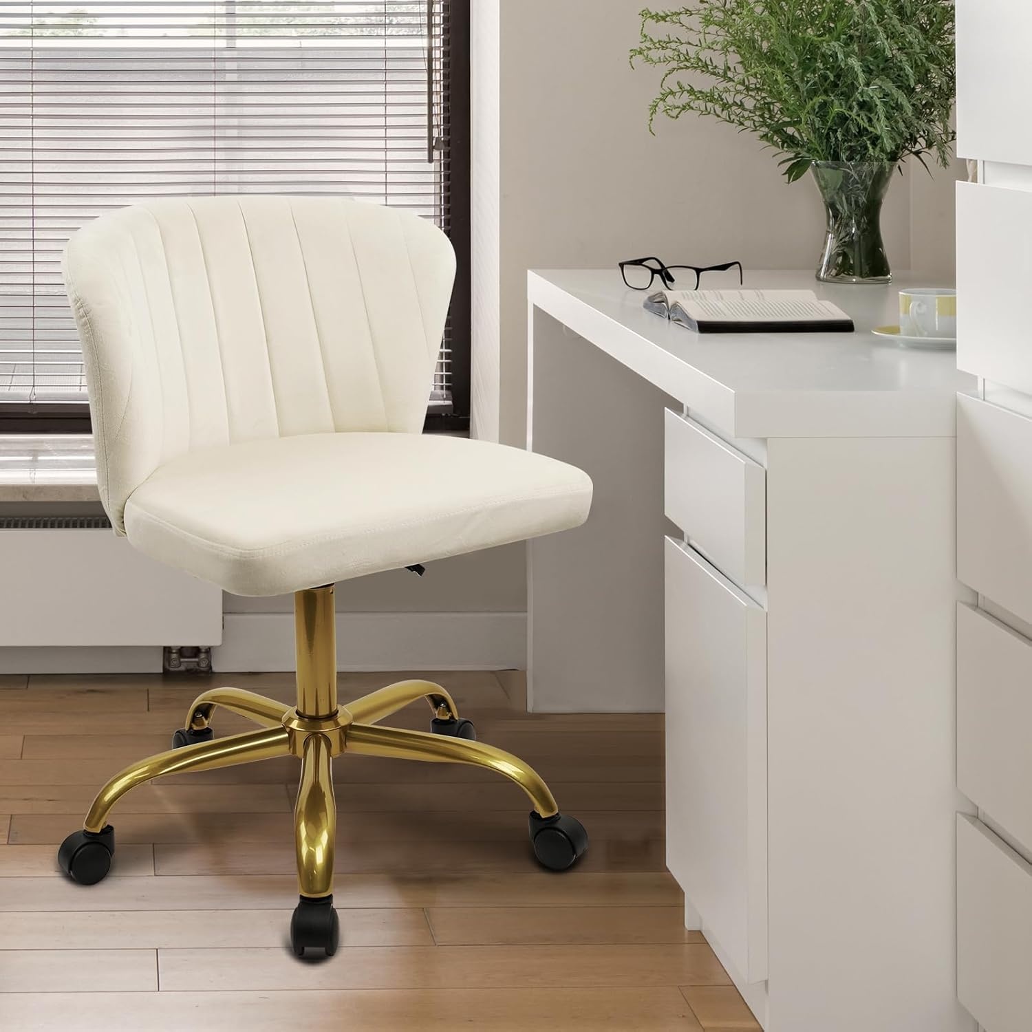 image:imageCLATINA Home Office Desk Chair Velvet Vanity Chairs Gold Base Ergonomic Small Cute Chair Adjustable Height with Wheels Rolling Armless Chair Swivel Task Chair for Study Living Room Bedroom White2