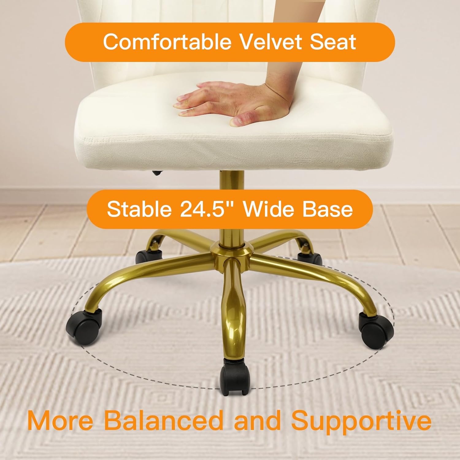 image:imageCLATINA Home Office Desk Chair Velvet Vanity Chairs Gold Base Ergonomic Small Cute Chair Adjustable Height with Wheels Rolling Armless Chair Swivel Task Chair for Study Living Room Bedroom White2