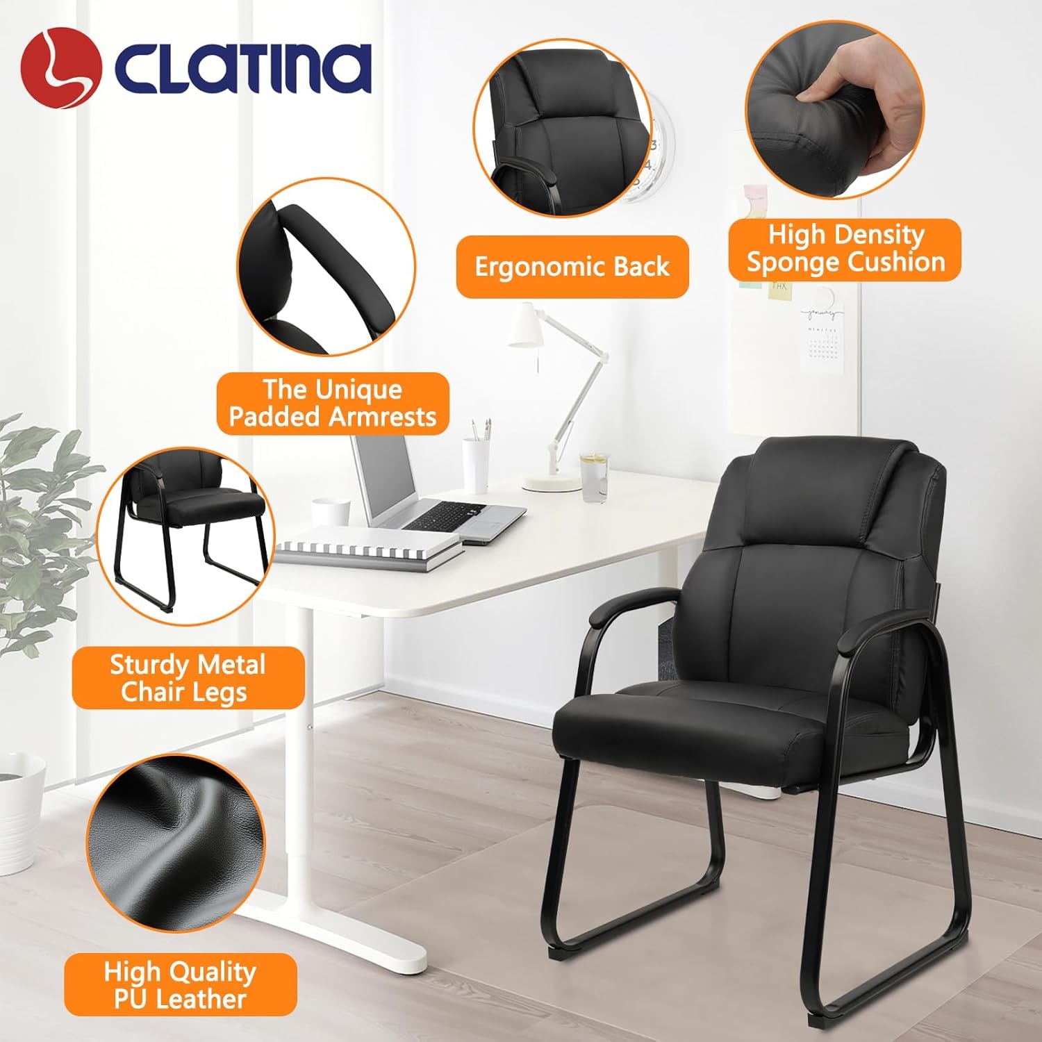 image:imageCLATINA Leather Guest Chair with Padded Arm Rest for Reception Meeting Conference and Waiting Room Side Office Home BlackBlackseldbase