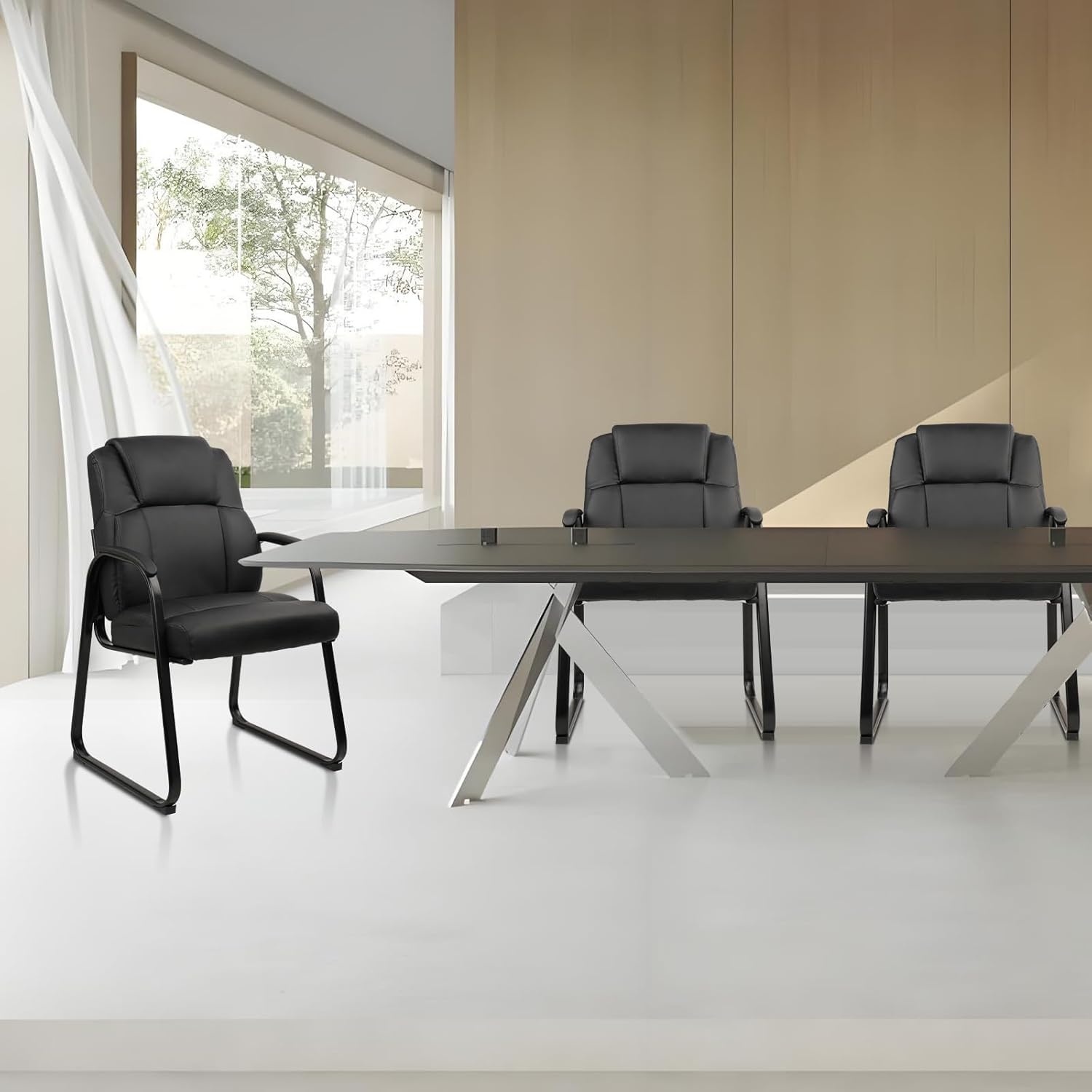 image:imageCLATINA Leather Guest Chair with Padded Arm Rest for Reception Meeting Conference and Waiting Room Side Office Home BlackBlackseldbase