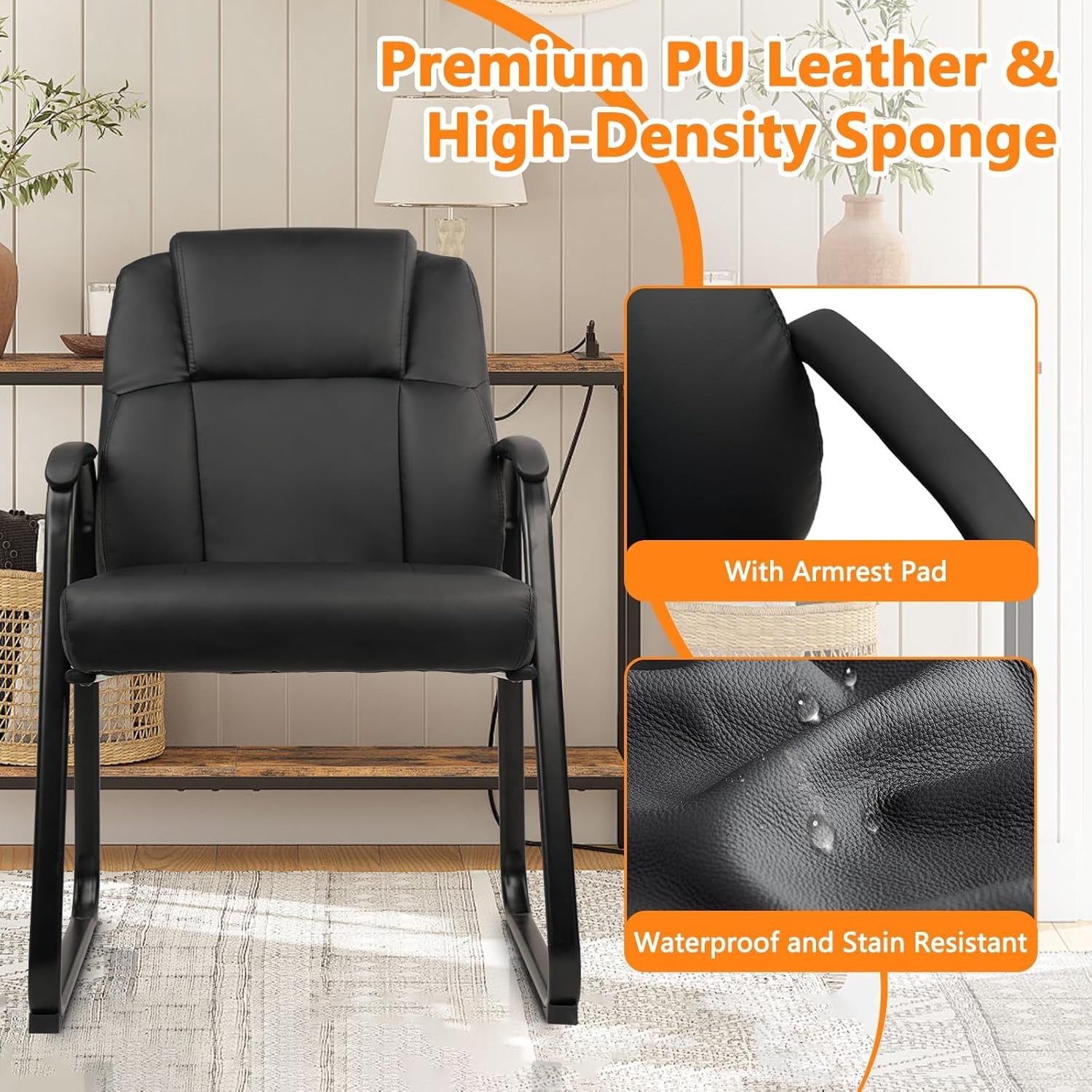image:imageCLATINA Leather Guest Chair with Padded Arm Rest for Reception Meeting Conference and Waiting Room Side Office Home BlackBlackseldbase