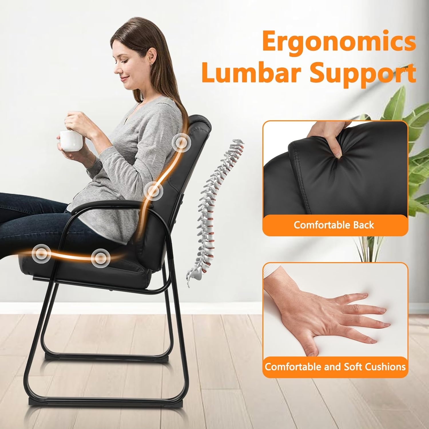 image:imageCLATINA Leather Guest Chair with Padded Arm Rest for Reception Meeting Conference and Waiting Room Side Office Home BlackBlackseldbase