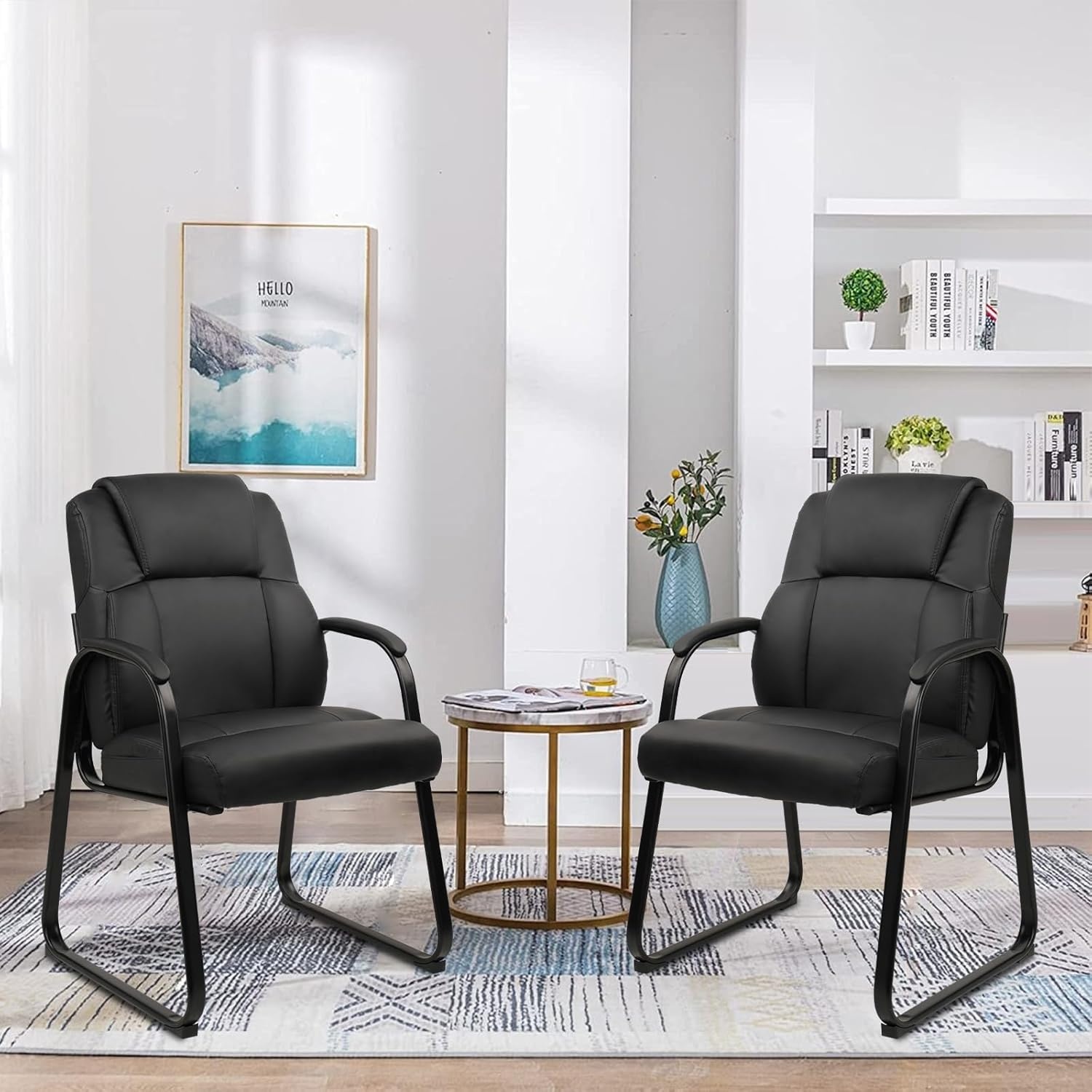 image:imageCLATINA Leather Guest Chair with Padded Arm Rest for Reception Meeting Conference and Waiting Room Side Office Home BlackBlackseldbase