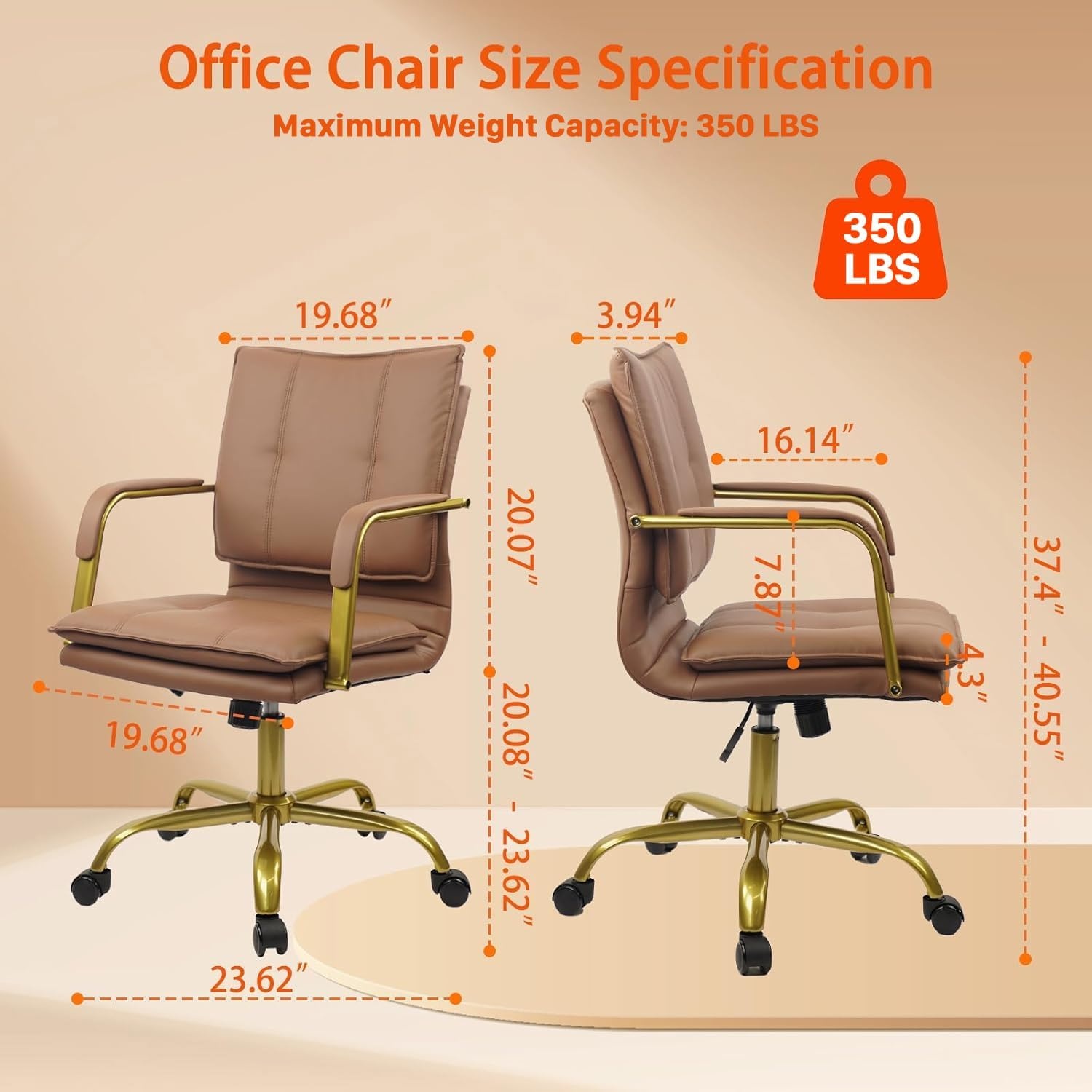image:imageCLATINA Leather Home Office Desk Chairs Swivel MidBack Computer Chair with Golden Legs and Arms Comfy Upholstered Task Chair with Wheels BrownBrown