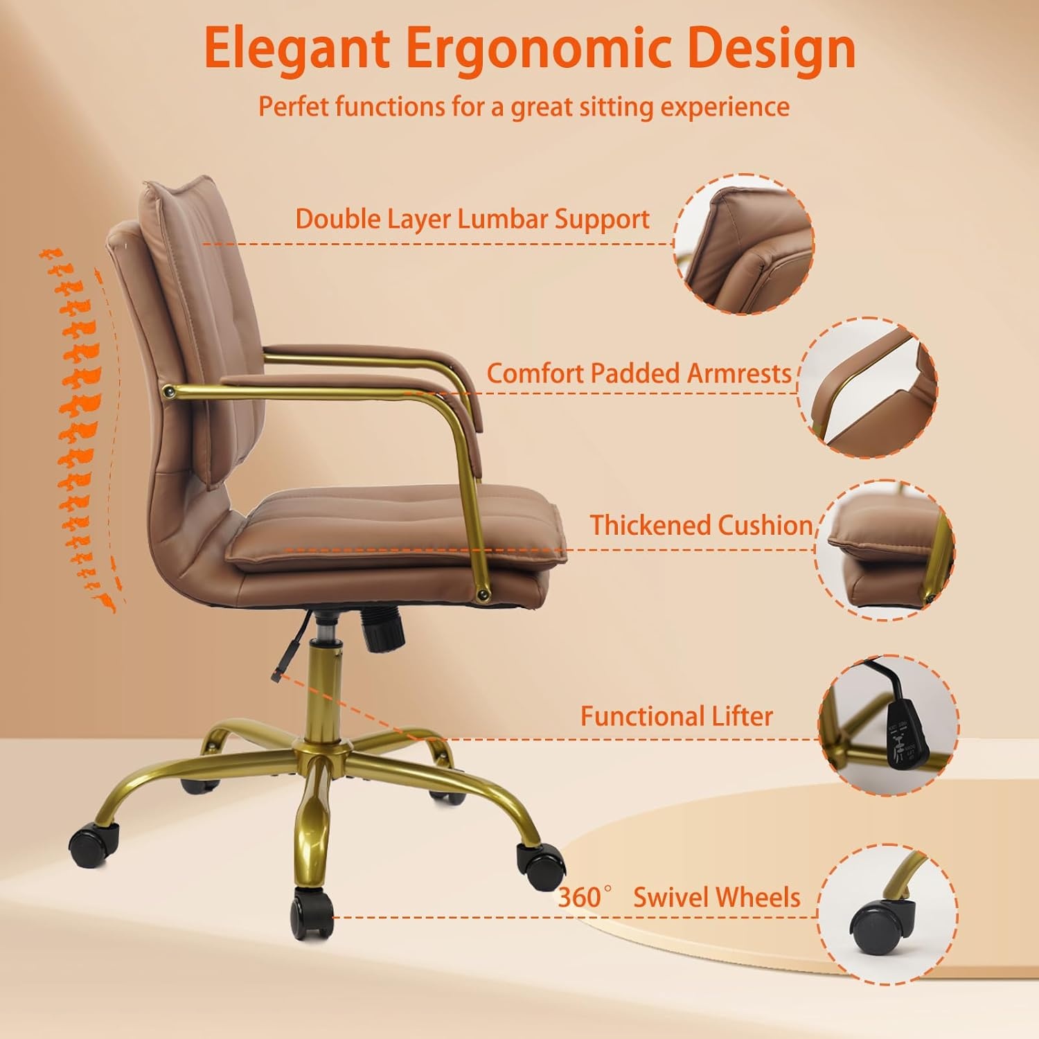 image:imageCLATINA Leather Home Office Desk Chairs Swivel MidBack Computer Chair with Golden Legs and Arms Comfy Upholstered Task Chair with Wheels BrownBrown