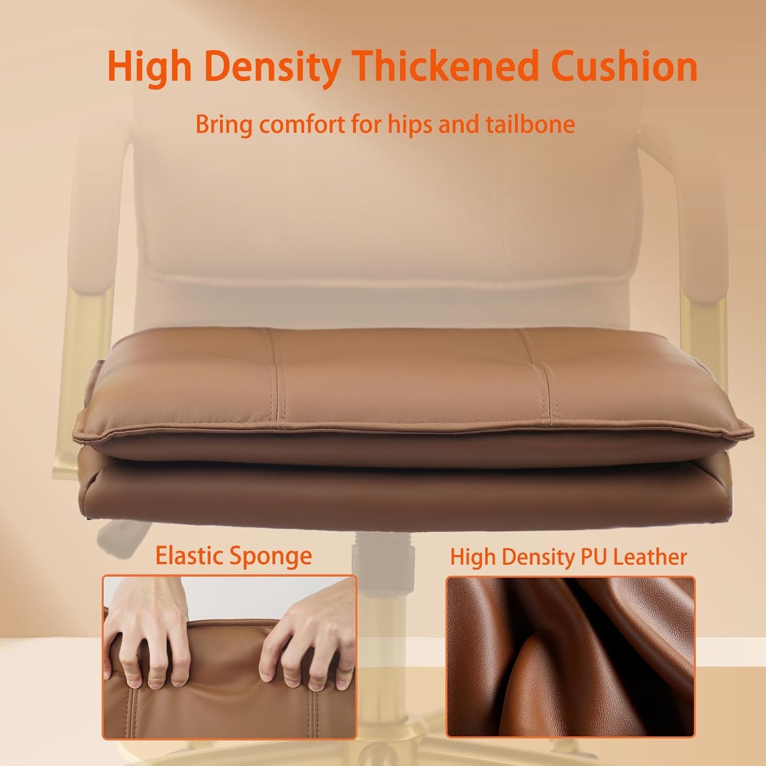 image:imageCLATINA Leather Home Office Desk Chairs Swivel MidBack Computer Chair with Golden Legs and Arms Comfy Upholstered Task Chair with Wheels BrownBrown