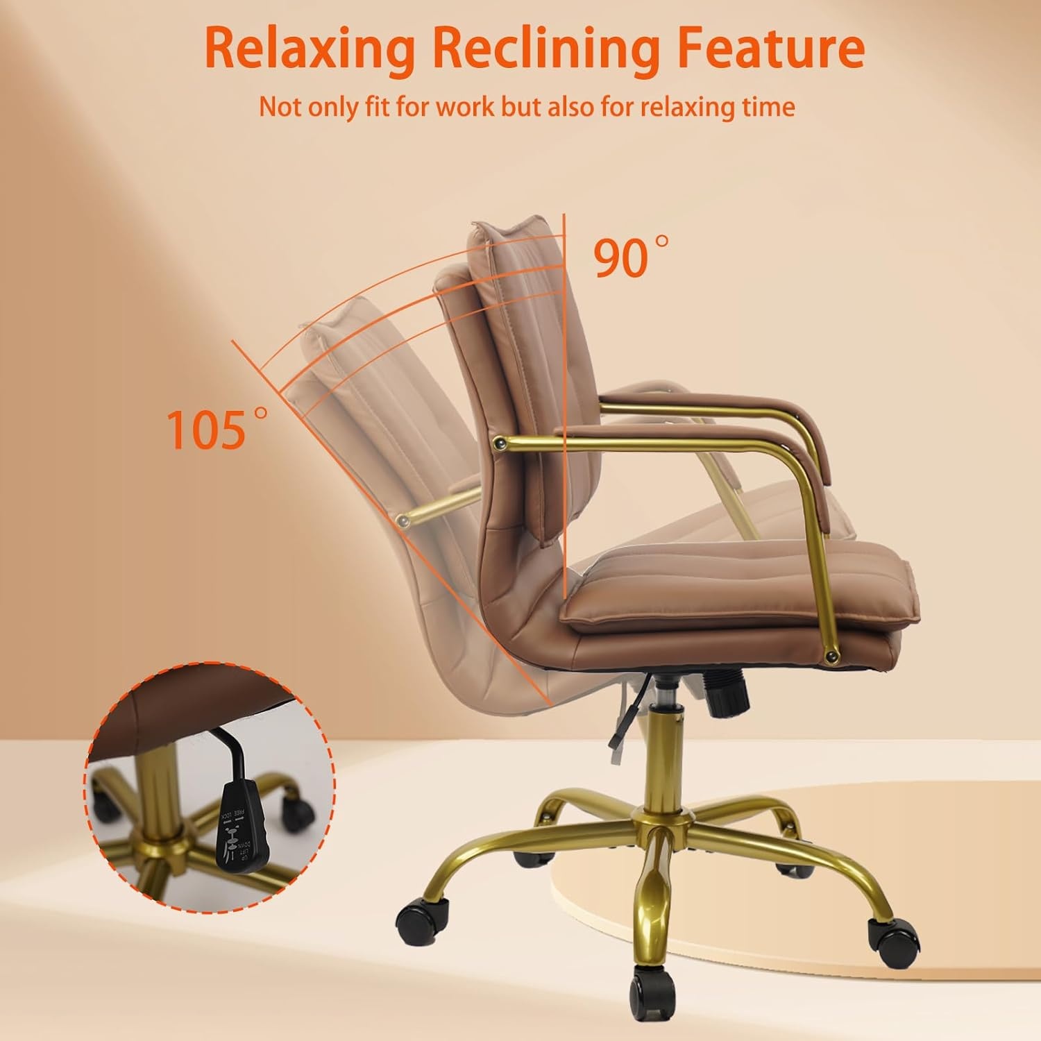 image:imageCLATINA Leather Home Office Desk Chairs Swivel MidBack Computer Chair with Golden Legs and Arms Comfy Upholstered Task Chair with Wheels BrownBrown