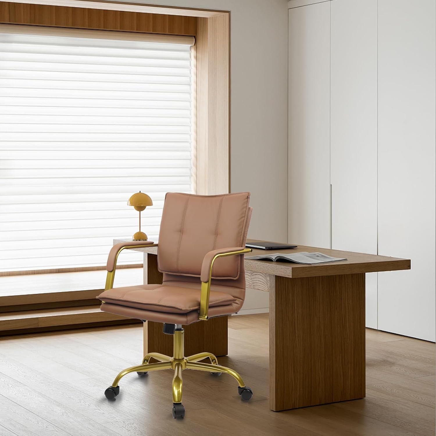image:imageCLATINA Leather Home Office Desk Chairs Swivel MidBack Computer Chair with Golden Legs and Arms Comfy Upholstered Task Chair with Wheels BrownBrown