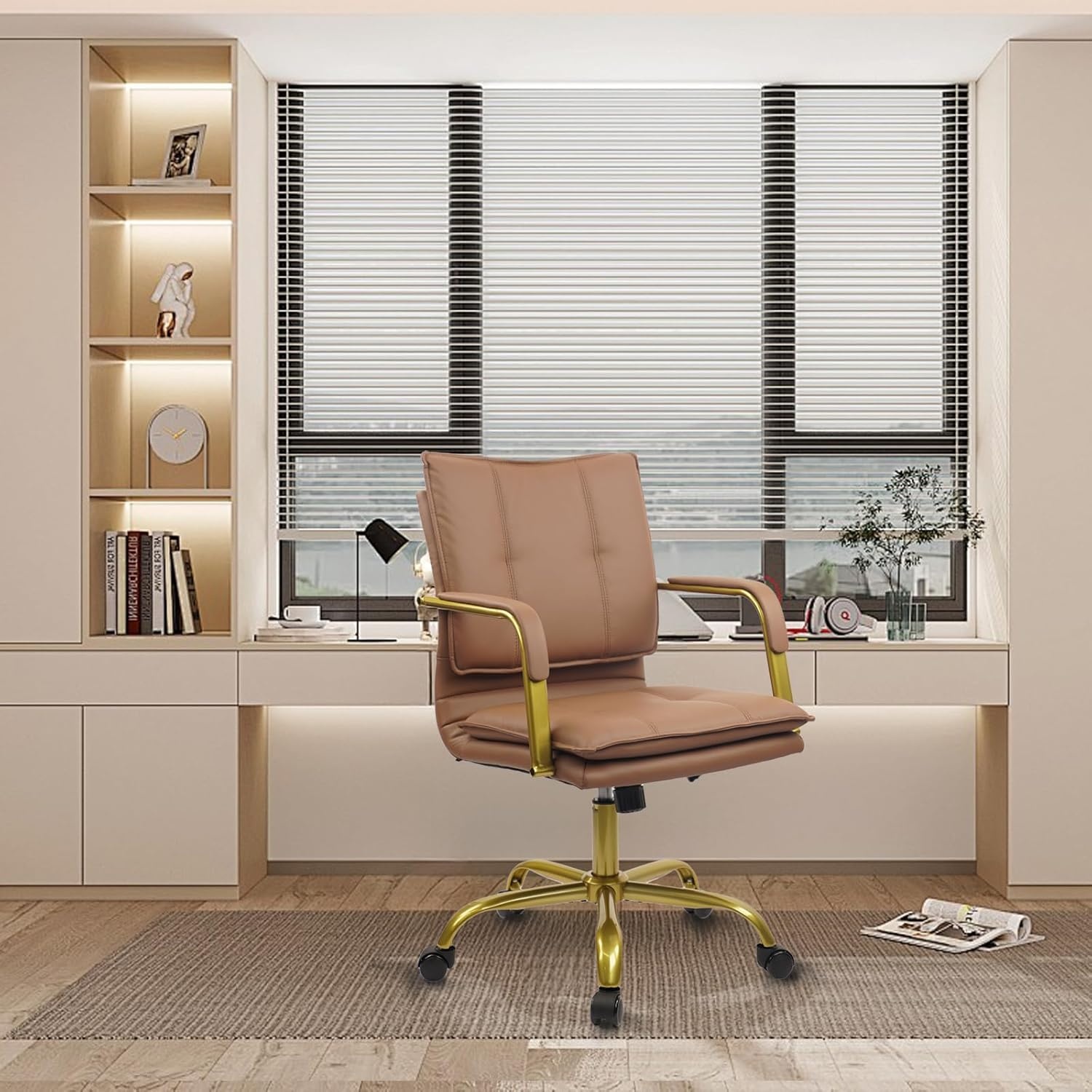 image:imageCLATINA Leather Home Office Desk Chairs Swivel MidBack Computer Chair with Golden Legs and Arms Comfy Upholstered Task Chair with Wheels BrownBrown
