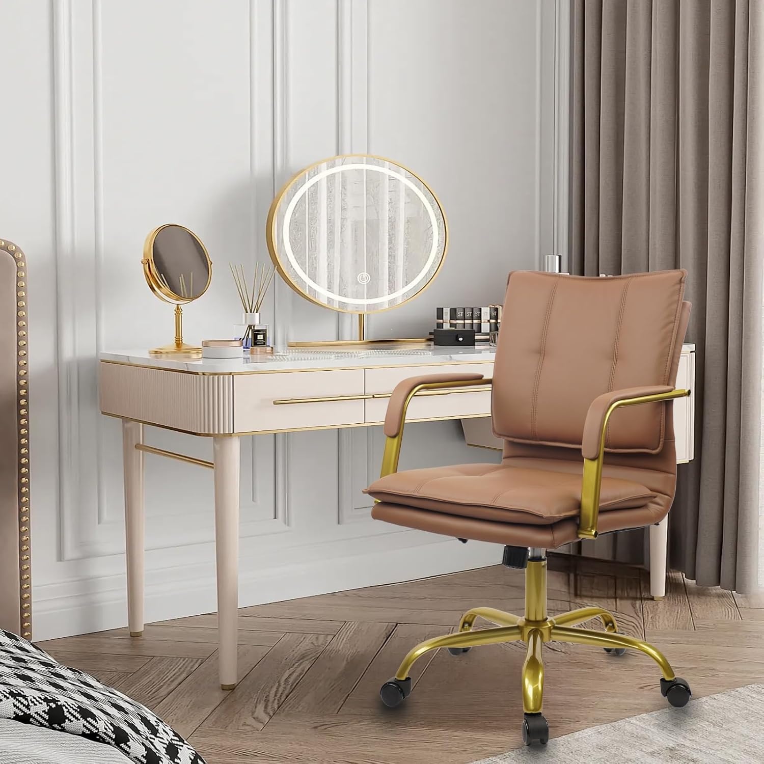 image:imageCLATINA Leather Home Office Desk Chairs Swivel MidBack Computer Chair with Golden Legs and Arms Comfy Upholstered Task Chair with Wheels BrownBrown