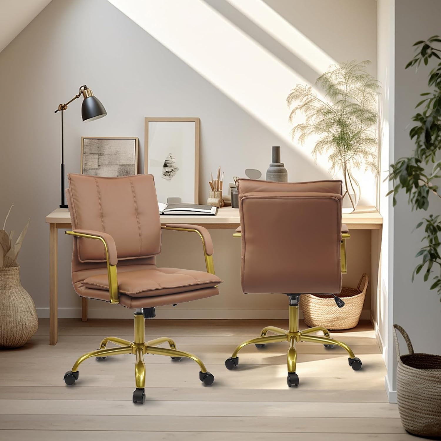 image:imageCLATINA Leather Home Office Desk Chairs Swivel MidBack Computer Chair with Golden Legs and Arms Comfy Upholstered Task Chair with Wheels BrownBrown