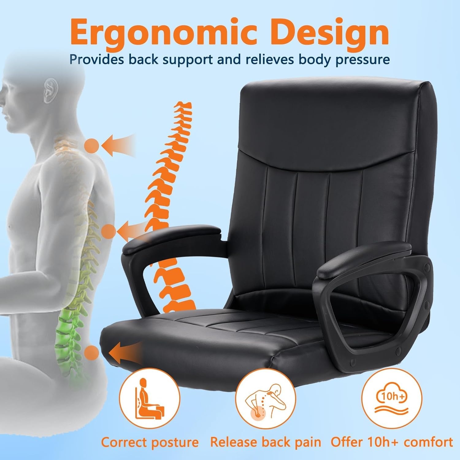 image:imageCLATINA Mid Back Leather Office Executive Chair with Lumbar Support and Padded Armrestes Swivel Adjustable Ergonomic Design for Home Computer Desk 4 PackBlack