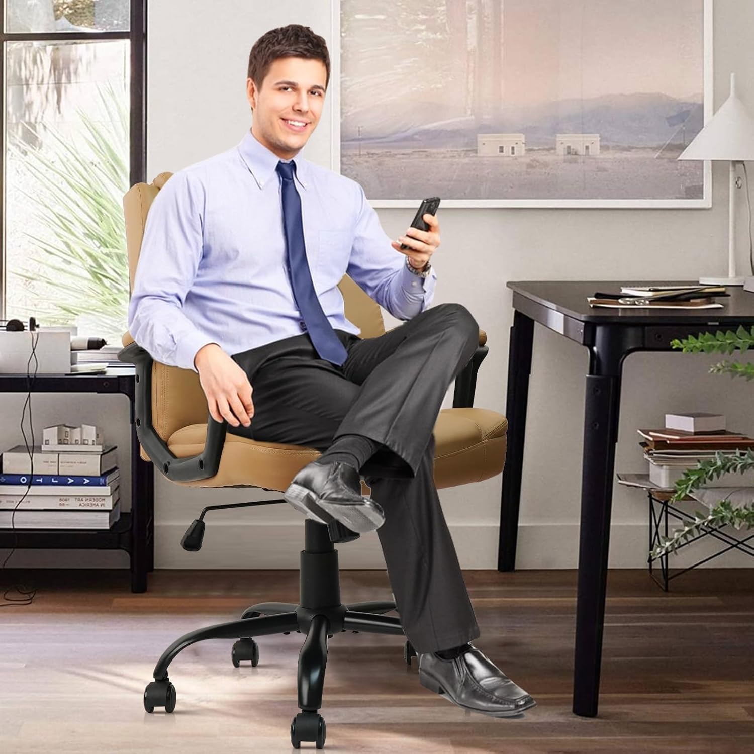 image:imageCLATINA Mid Back Leather Office Executive Chair with Lumbar Support and Padded Armrestes Swivel Adjustable Ergonomic Design for Home Computer Desk 4 PackBrown