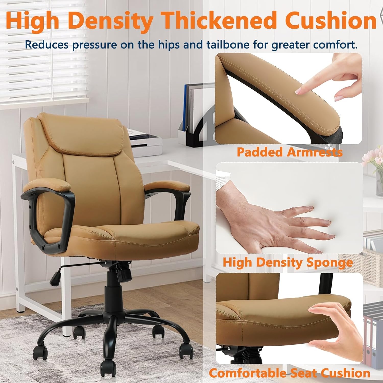 image:imageCLATINA Mid Back Leather Office Executive Chair with Lumbar Support and Padded Armrestes Swivel Adjustable Ergonomic Design for Home Computer Desk 4 PackBrown