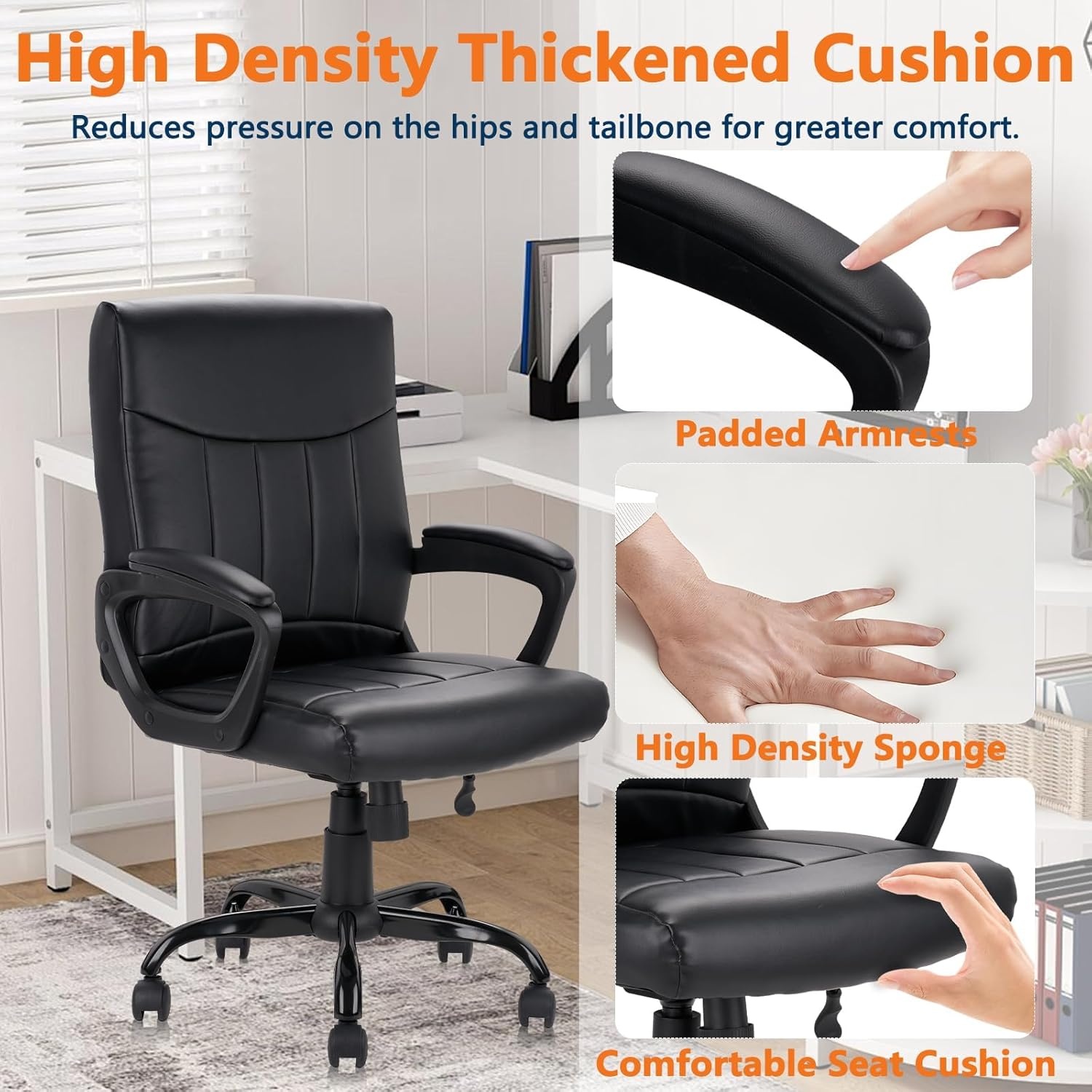 image:imageCLATINA Mid Back Leather Office Executive Chair with Lumbar Support and Padded Armrestes Swivel Adjustable Ergonomic Design for Home Computer Desk 4 PackBlack