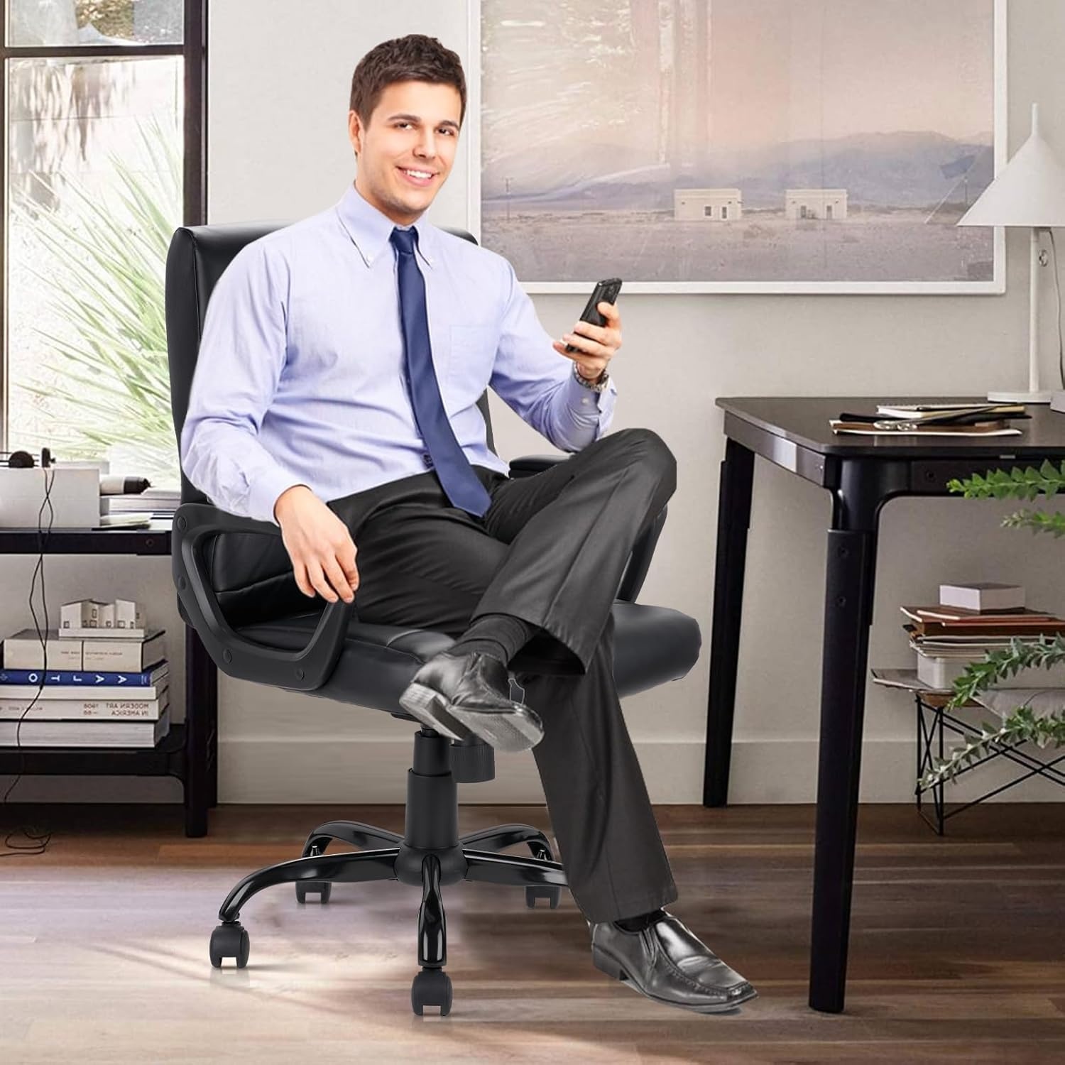 image:imageCLATINA Mid Back Leather Office Executive Chair with Lumbar Support and Padded Armrestes Swivel Adjustable Ergonomic Design for Home Computer Desk 4 PackBlack