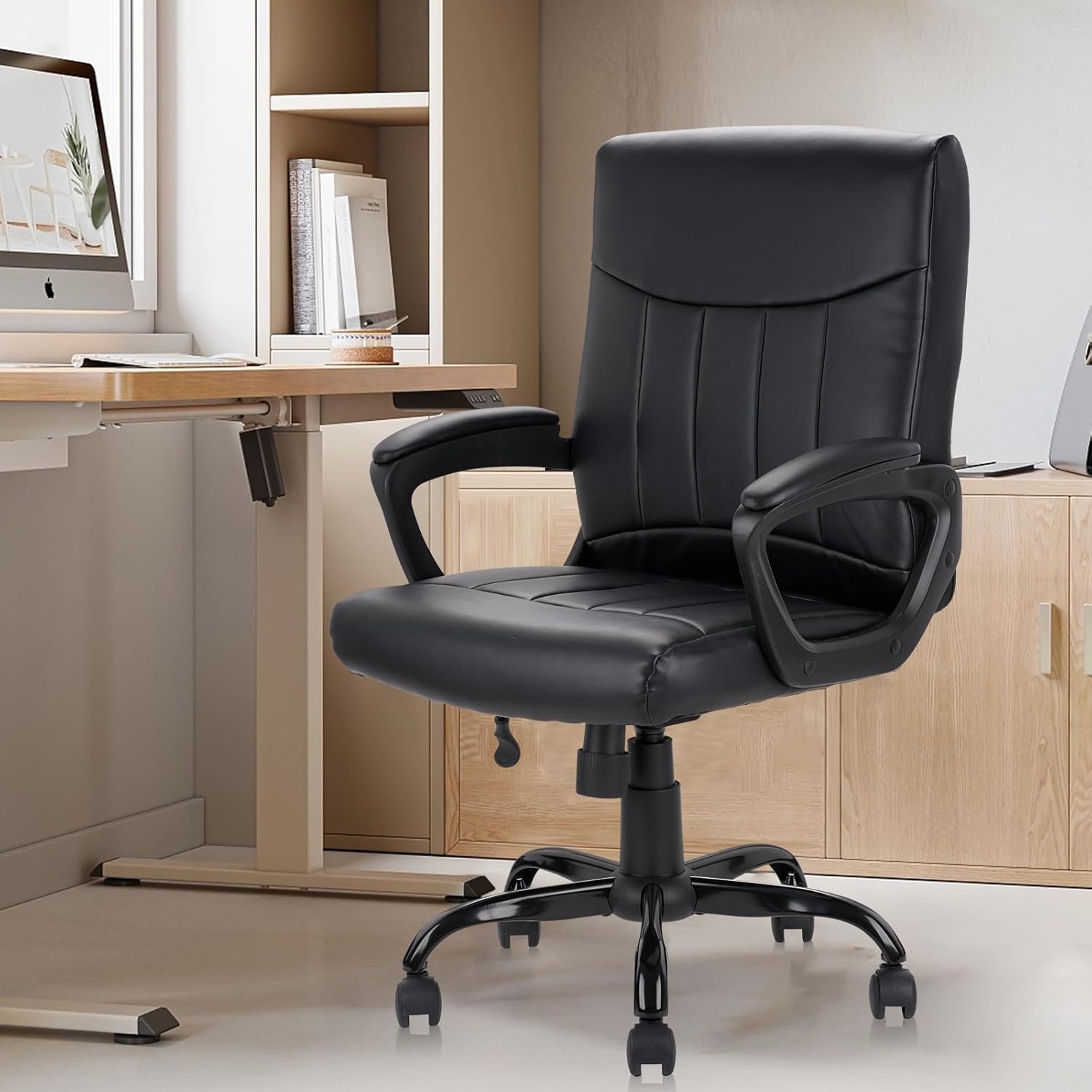 image:imageCLATINA Mid Back Leather Office Executive Chair with Lumbar Support and Padded Armrestes Swivel Adjustable Ergonomic Design for Home Computer Desk 4 PackBlack