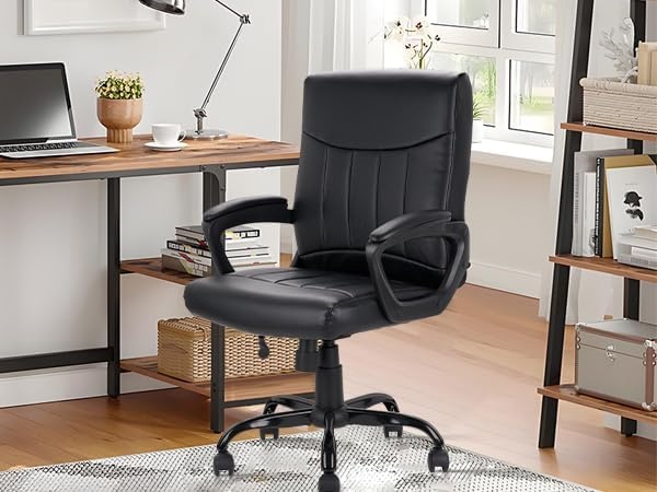image:imageCLATINA Mid Back Leather Office Executive Chair with Lumbar Support and Padded Armrestes Swivel Adjustable Ergonomic Design for Home Computer Desk 4 PackBlack