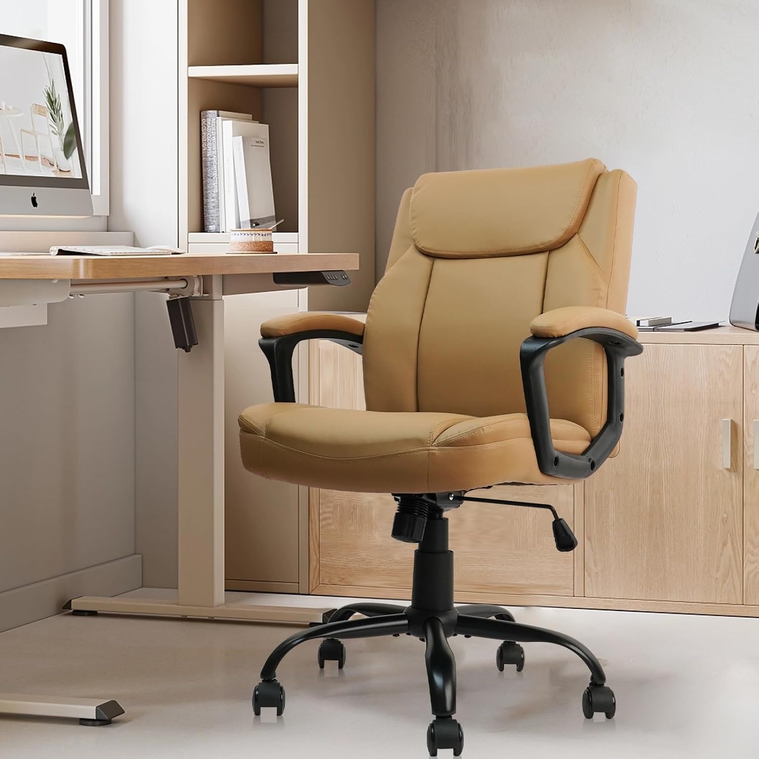 image:imageCLATINA Mid Back Leather Office Executive Chair with Lumbar Support and Padded Armrestes Swivel Adjustable Ergonomic Design for Home Computer Desk 4 PackBrown