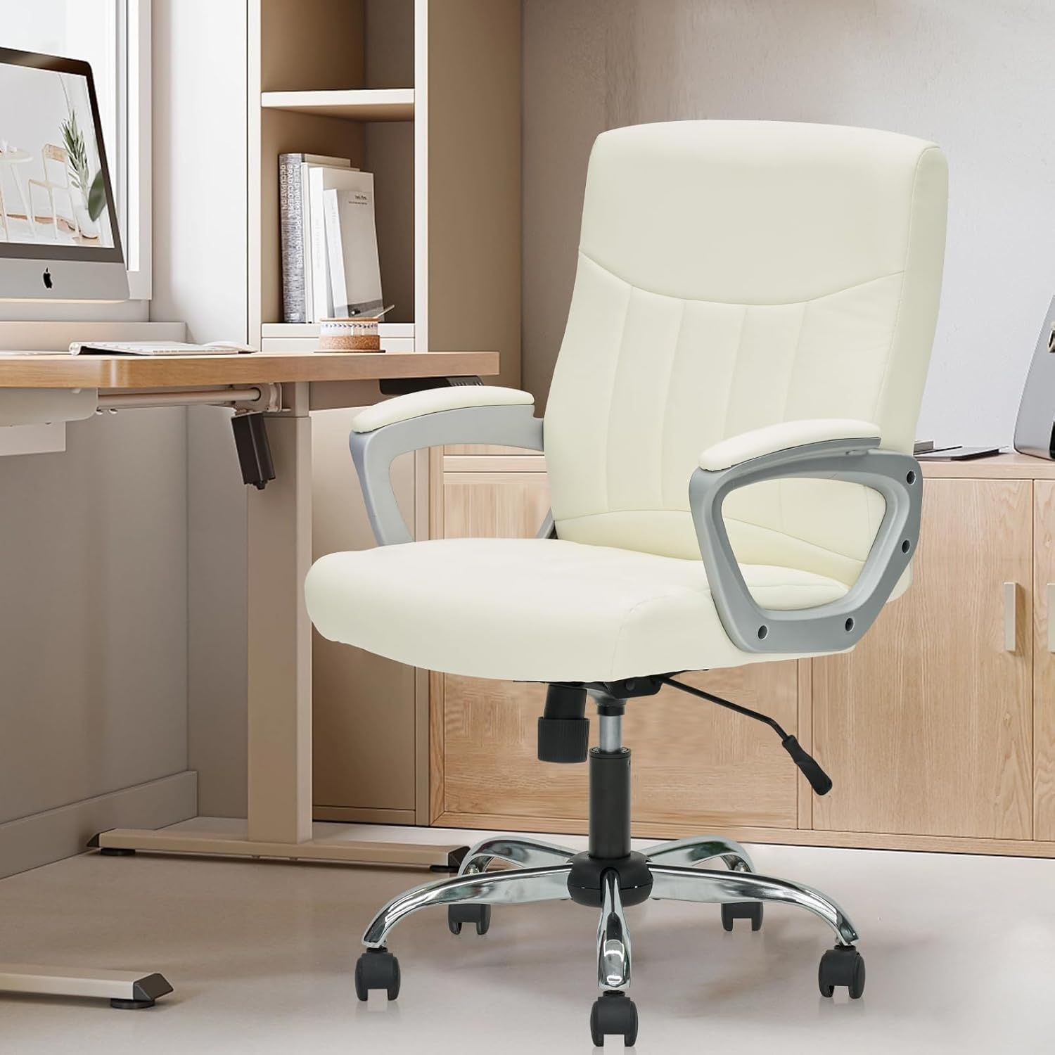 image:imageCLATINA Mid Back Leather Office Executive Chair with Lumbar Support and Padded Armrestes Swivel Adjustable Ergonomic Design for Home Computer Desk 4 PackWhite