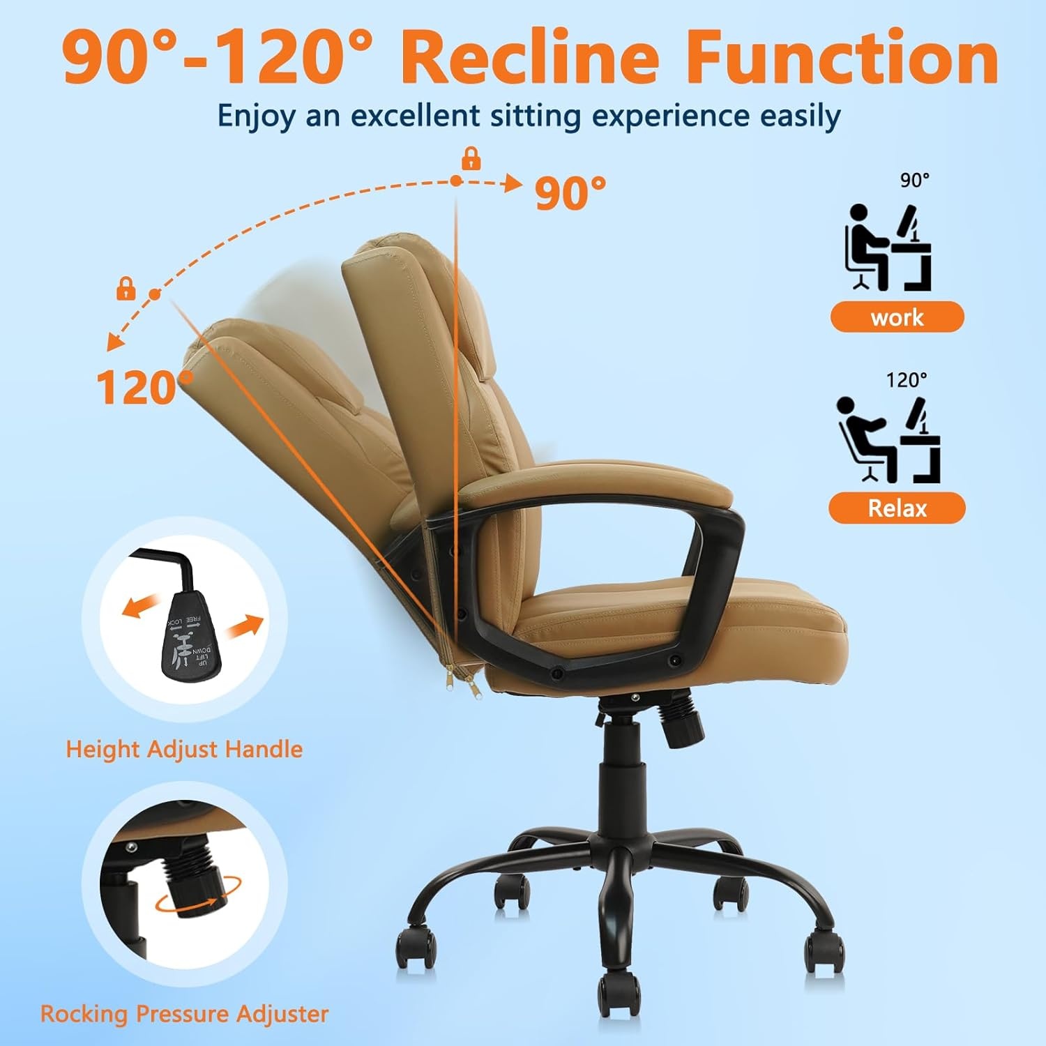 image:imageCLATINA Mid Back Leather Office Executive Chair with Lumbar Support and Padded Armrestes Swivel Adjustable Ergonomic Design for Home Computer Desk 4 PackBrown