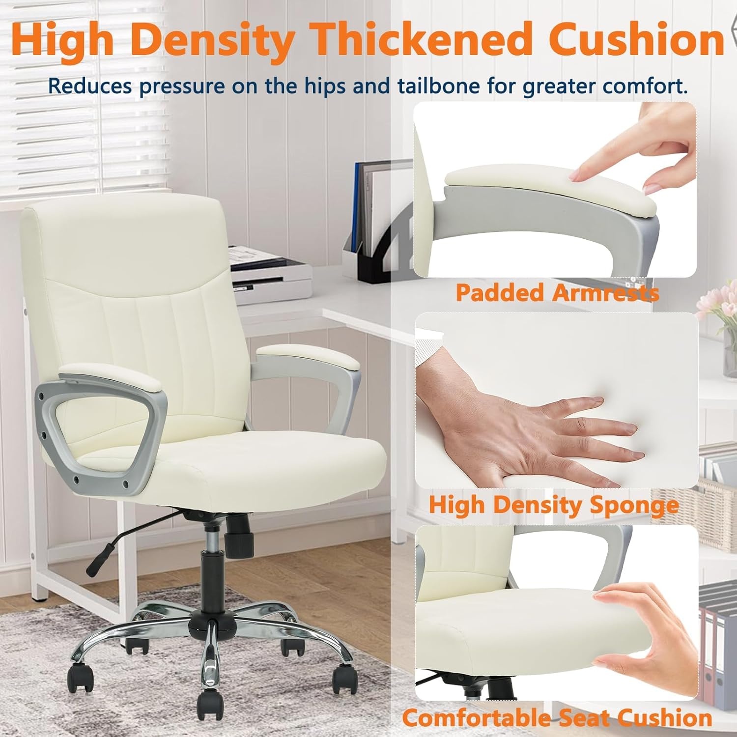 image:imageCLATINA Mid Back Leather Office Executive Chair with Lumbar Support and Padded Armrestes Swivel Adjustable Ergonomic Design for Home Computer Desk 4 PackWhite