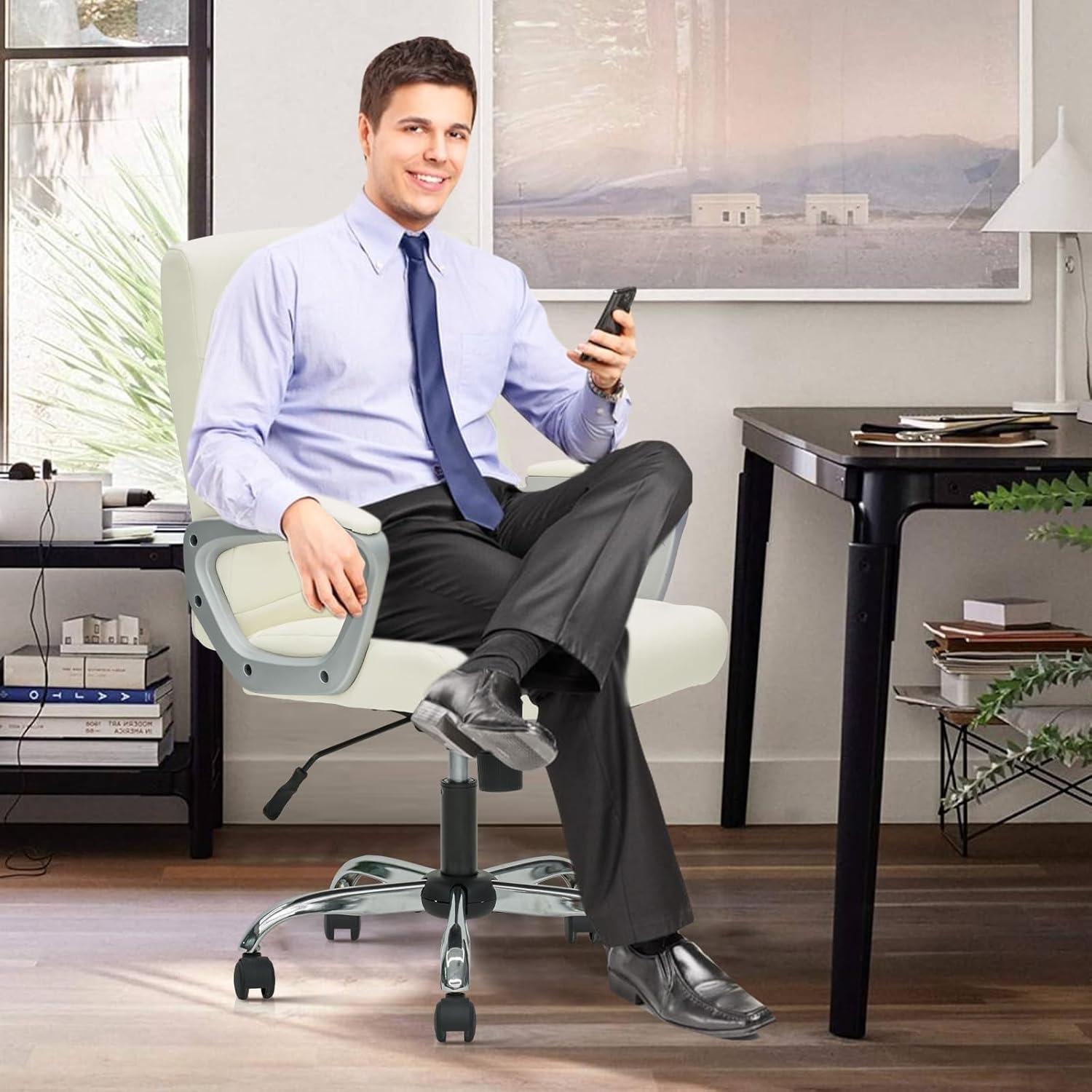 image:imageCLATINA Mid Back Leather Office Executive Chair with Lumbar Support and Padded Armrestes Swivel Adjustable Ergonomic Design for Home Computer Desk 4 PackWhite