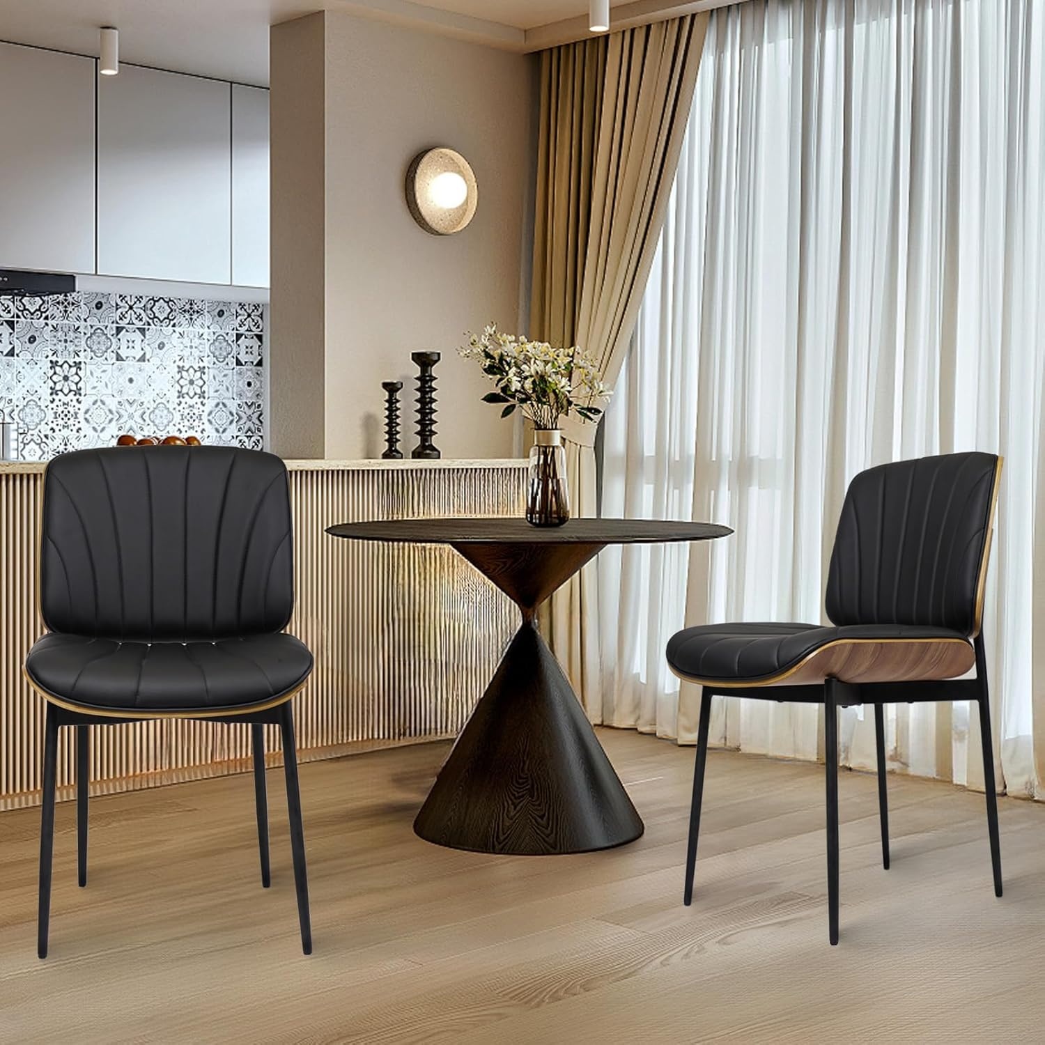 image:imageCLATINA Mid Century Modern Dining Chairs Upholstered PU Leather Chairs with Walnut Style Back and Metal Legs Armless Kitchen Chair Retro Accent Guest Chair for Kitchen Dining Room Black