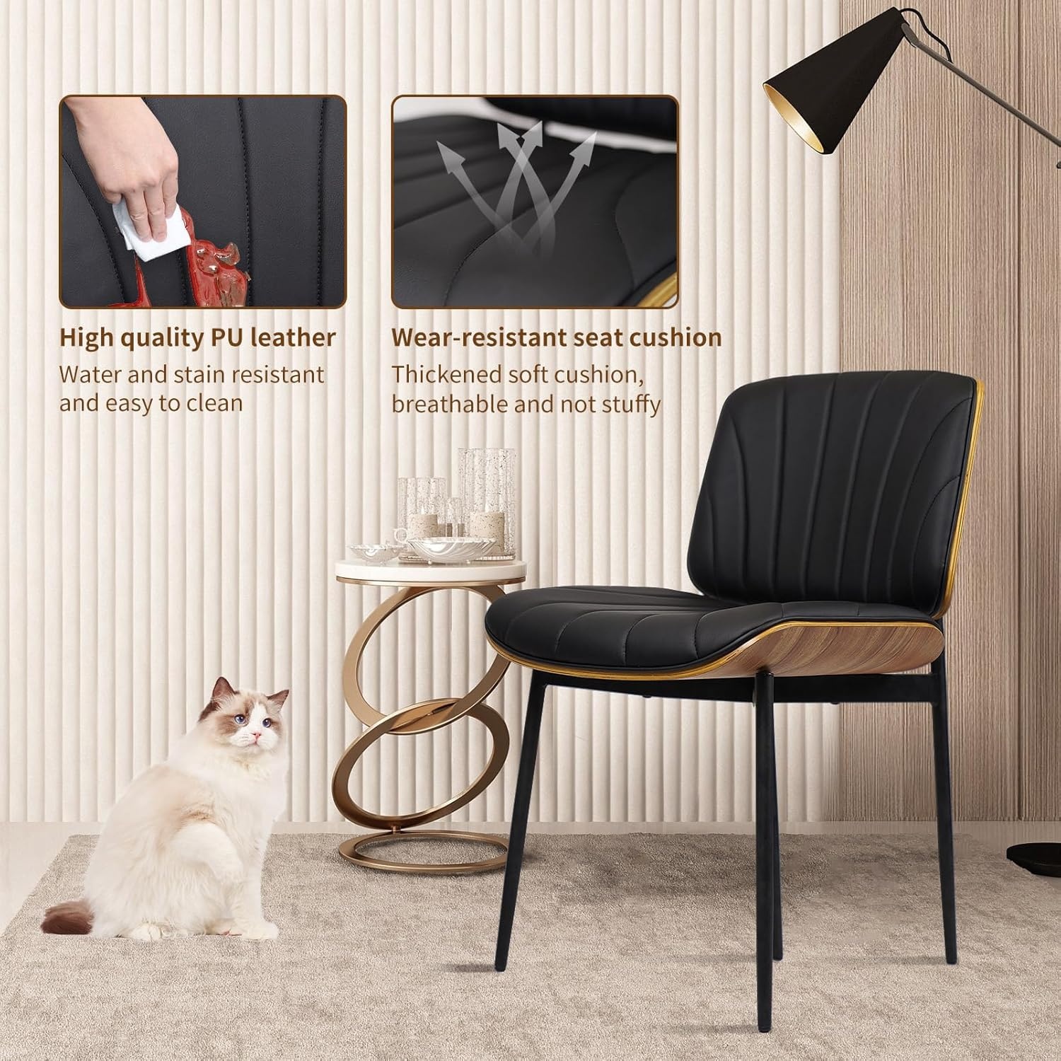 image:imageCLATINA Mid Century Modern Dining Chairs Upholstered PU Leather Chairs with Walnut Style Back and Metal Legs Armless Kitchen Chair Retro Accent Guest Chair for Kitchen Dining Room Black