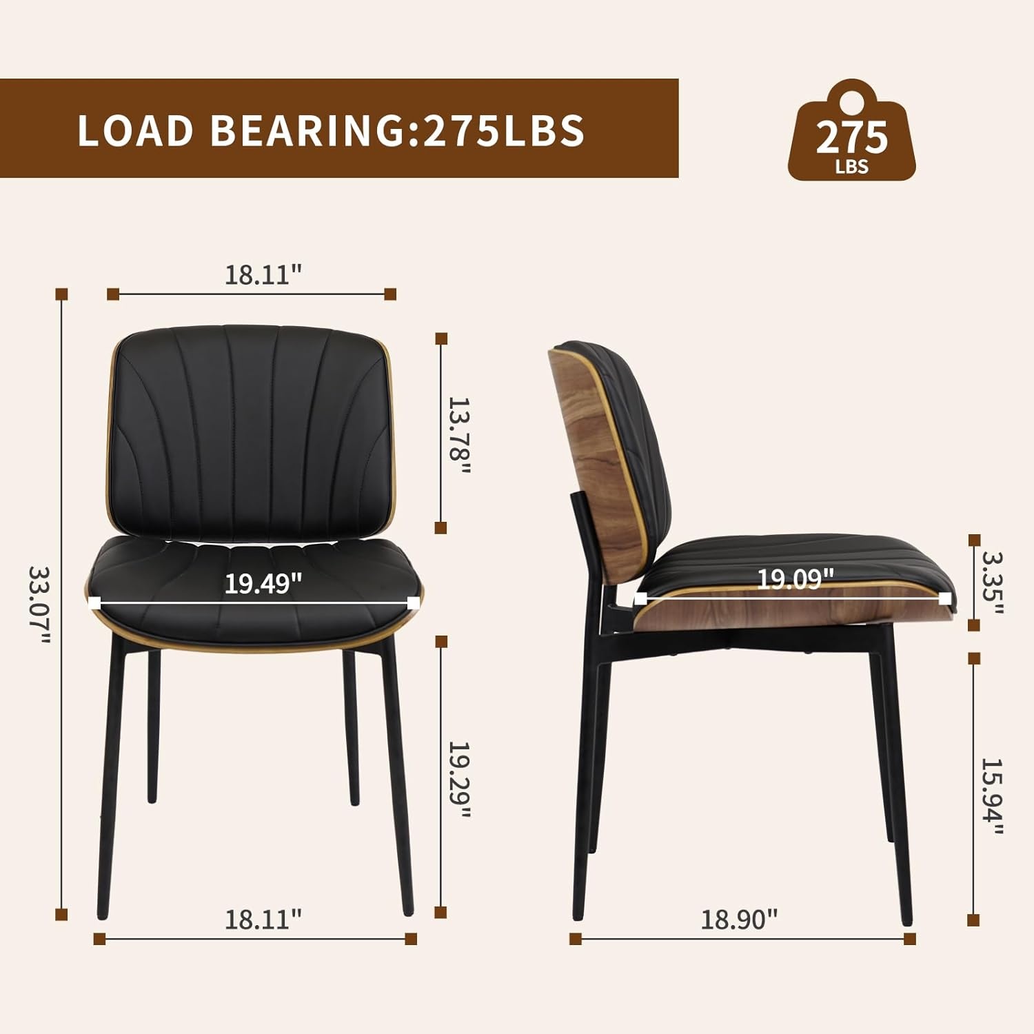 image:imageCLATINA Mid Century Modern Dining Chairs Upholstered PU Leather Chairs with Walnut Style Back and Metal Legs Armless Kitchen Chair Retro Accent Guest Chair for Kitchen Dining Room Black