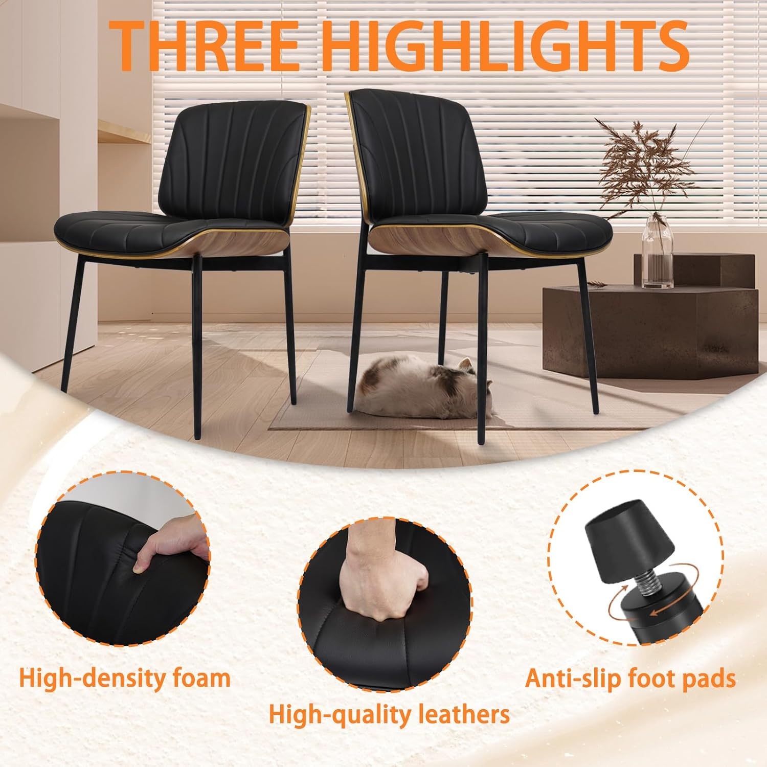 image:imageCLATINA Mid Century Modern Dining Chairs Upholstered PU Leather Chairs with Walnut Style Back and Metal Legs Armless Kitchen Chair Retro Accent Guest Chair for Kitchen Dining Room Black