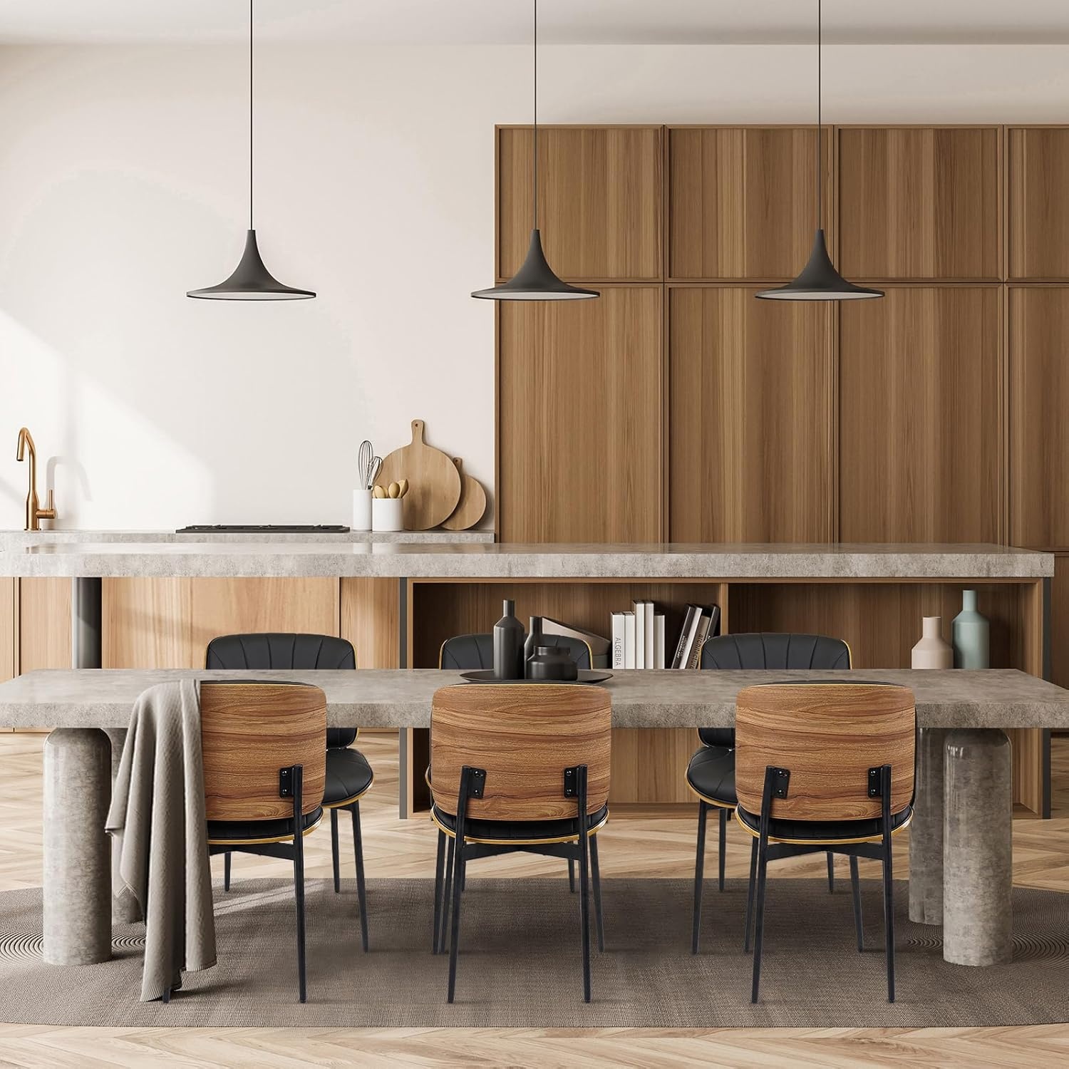image:imageCLATINA Mid Century Modern Dining Chairs Upholstered PU Leather Chairs with Walnut Style Back and Metal Legs Armless Kitchen Chair Retro Accent Guest Chair for Kitchen Dining Room Black