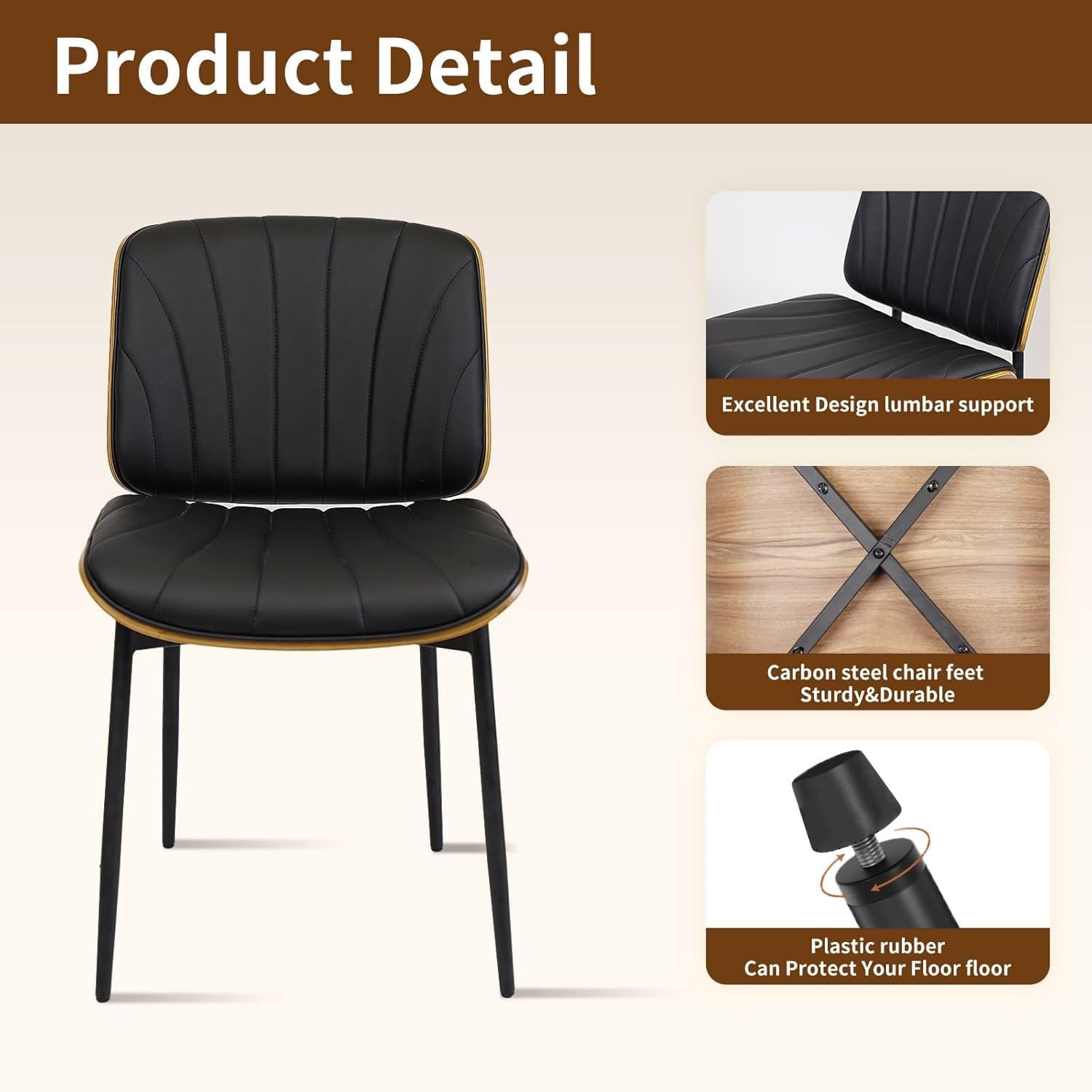 image:imageCLATINA Mid Century Modern Dining Chairs Upholstered PU Leather Chairs with Walnut Style Back and Metal Legs Armless Kitchen Chair Retro Accent Guest Chair for Kitchen Dining Room Black