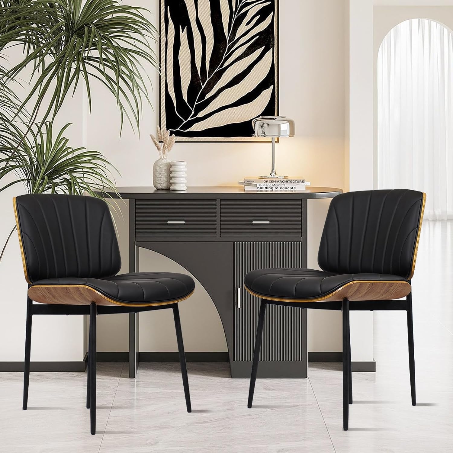 image:imageCLATINA Mid Century Modern Dining Chairs Upholstered PU Leather Chairs with Walnut Style Back and Metal Legs Armless Kitchen Chair Retro Accent Guest Chair for Kitchen Dining Room Black